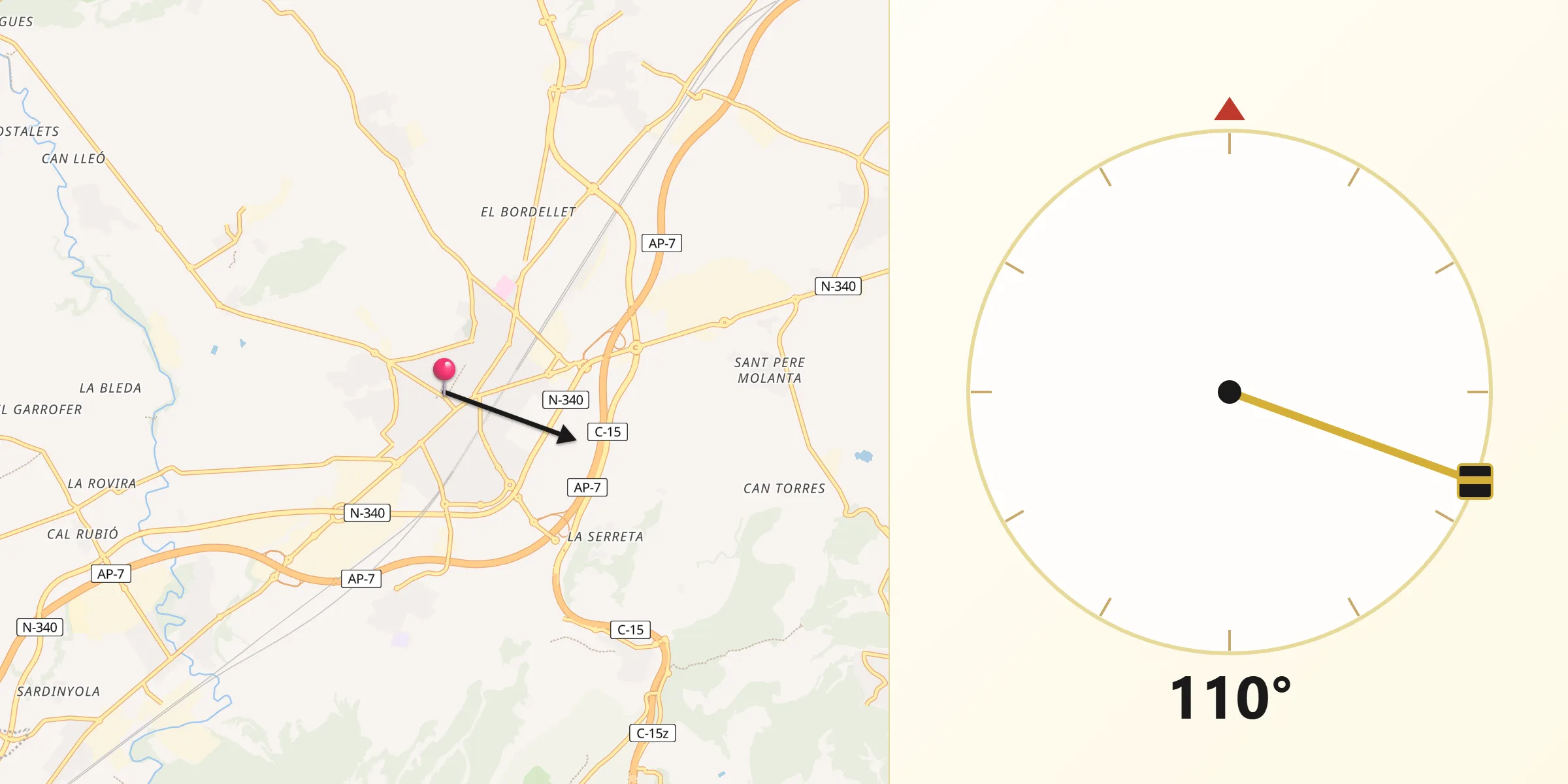 Dirección de la Qibla desde Vilafranca del Penedès