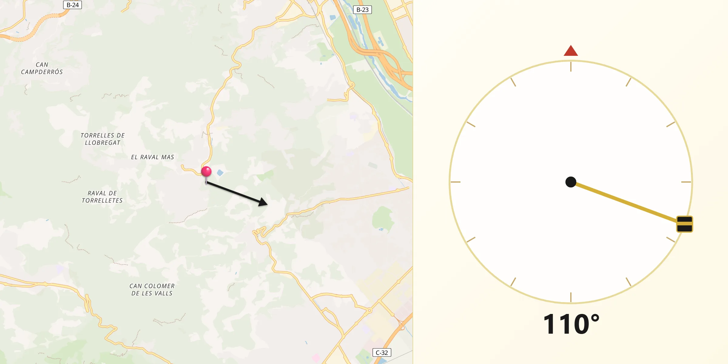 Dirección de la Qibla desde Torrelles de Llobregat