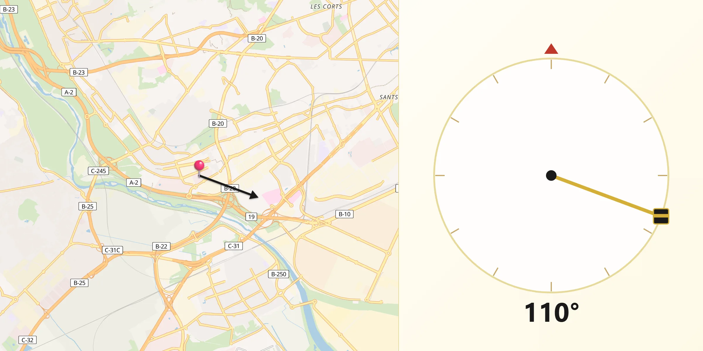 Dirección de la Qibla desde Cornellà de Llobregat
