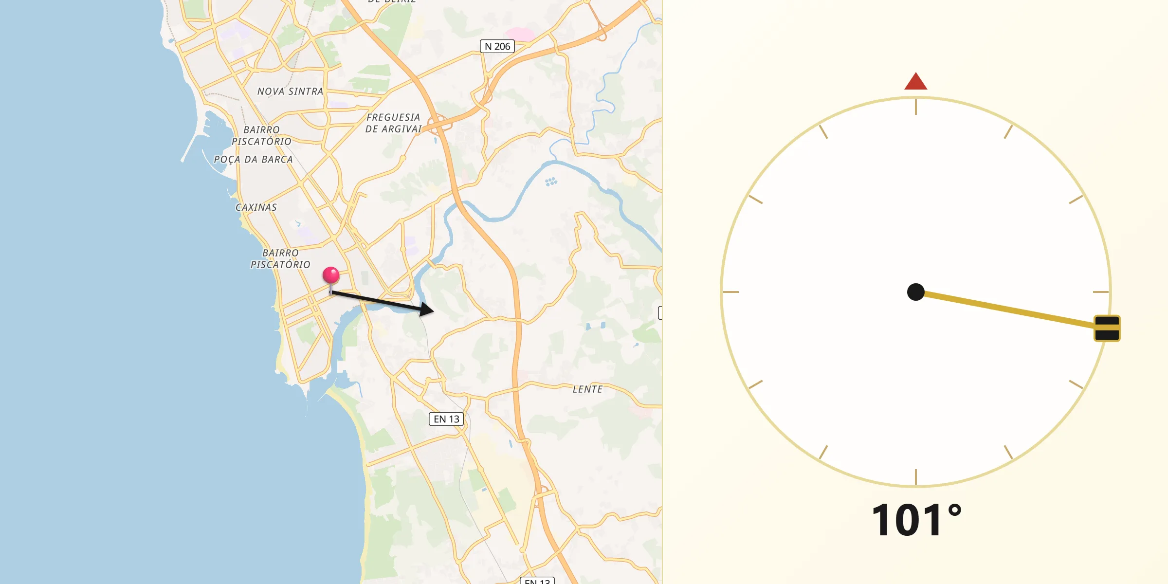 Direção da Qibla a partir de Vila do Conde