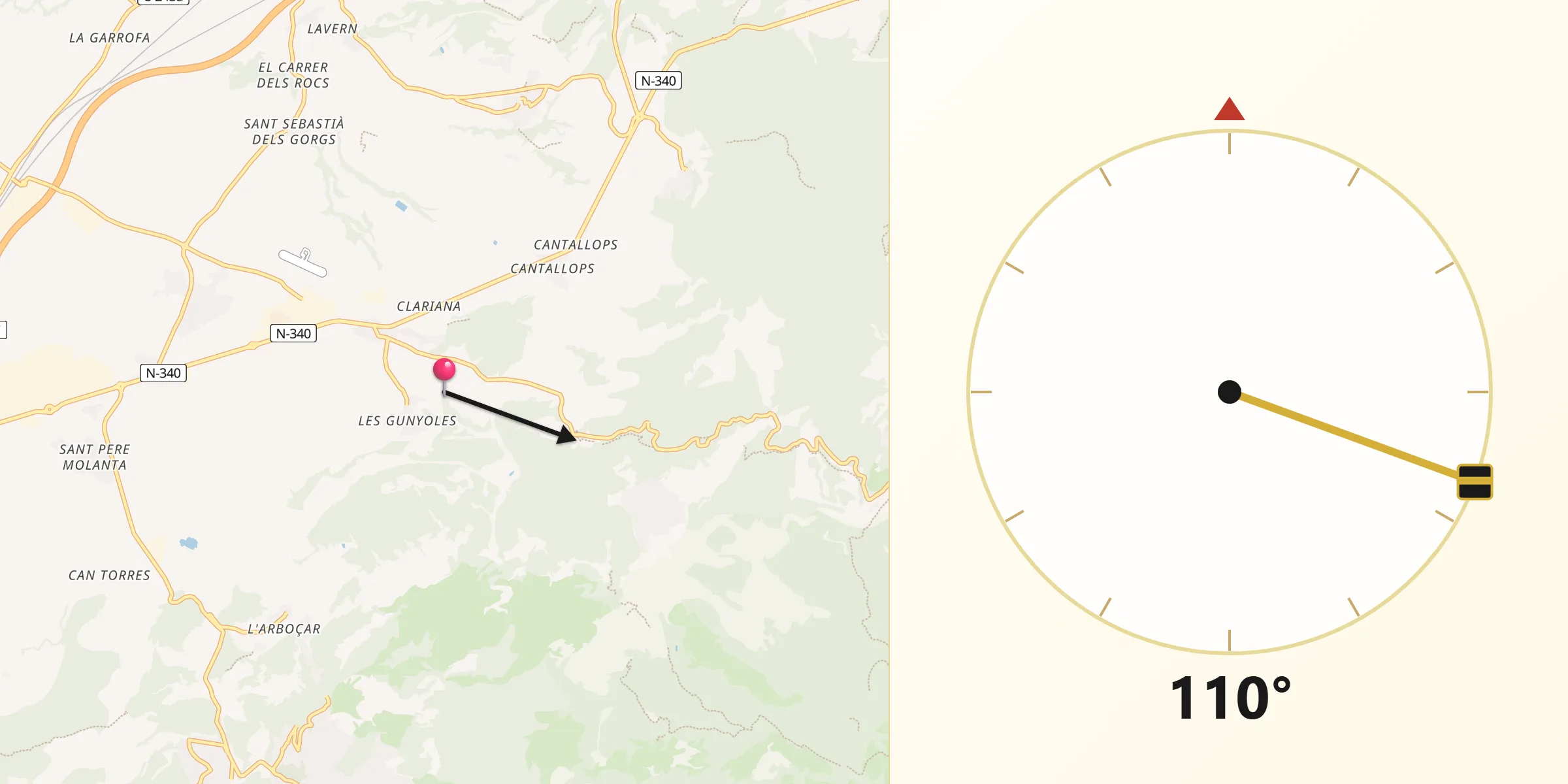 Dirección de la Qibla desde Avinyonet del Penedès
