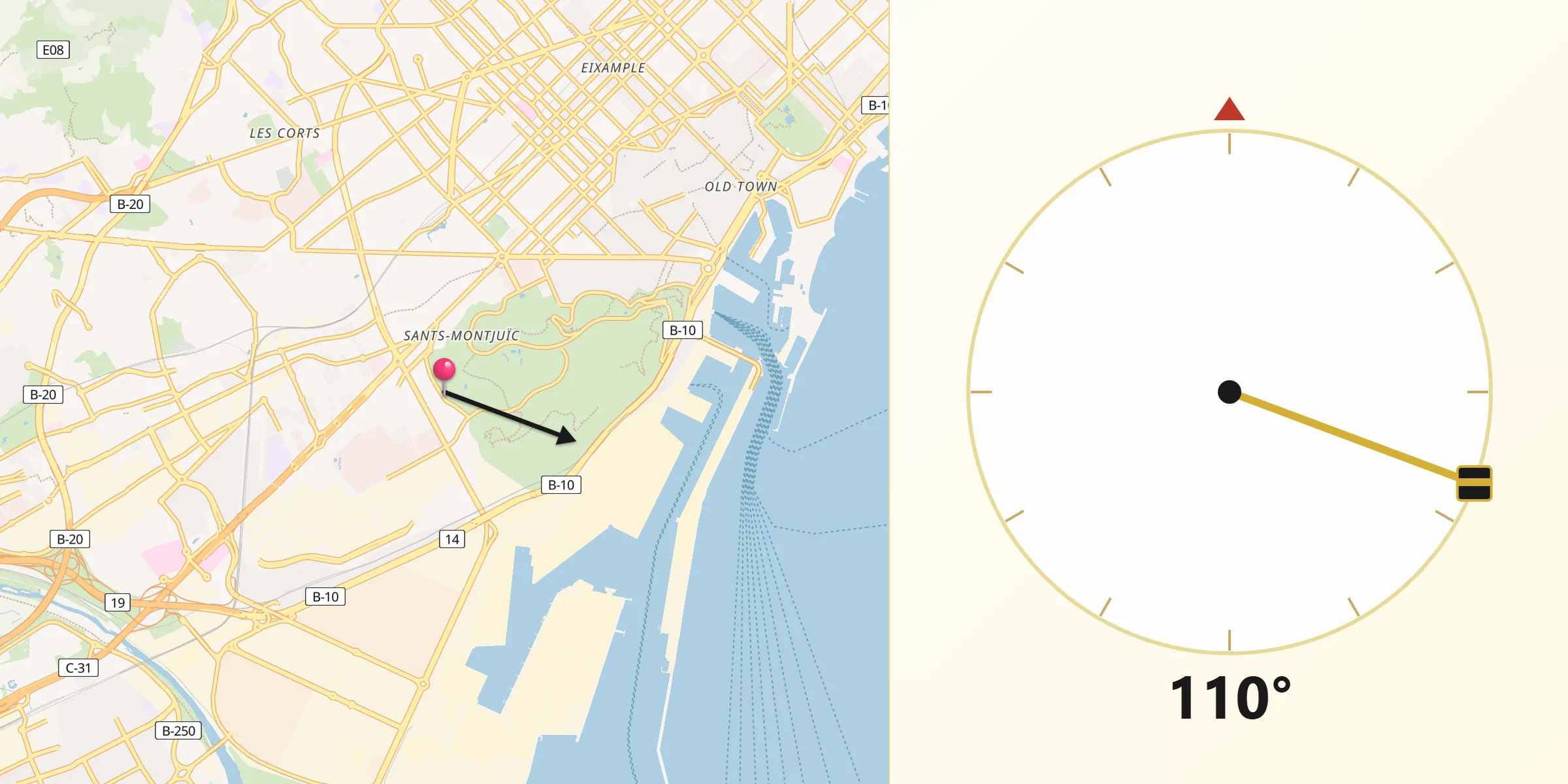 Dirección de la Qibla desde Gaià