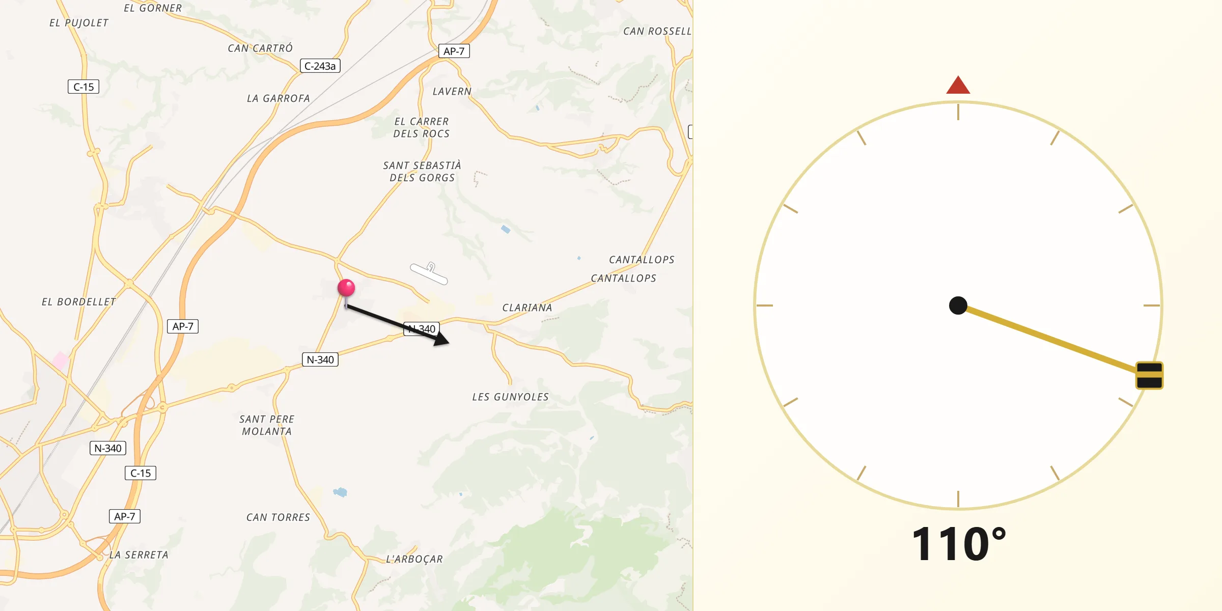 Dirección de la Qibla desde Sant Cugat Sesgarrigues