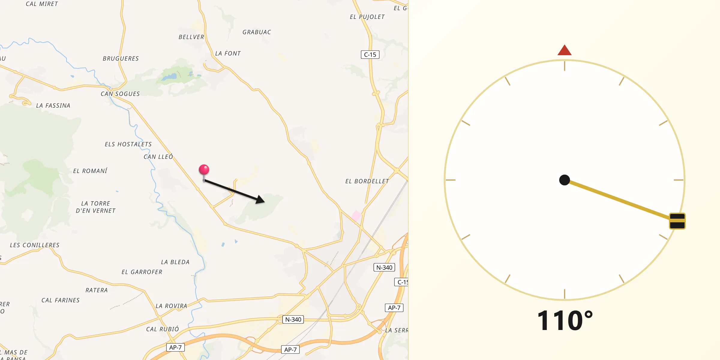 Dirección de la Qibla desde Pacs del Penedès