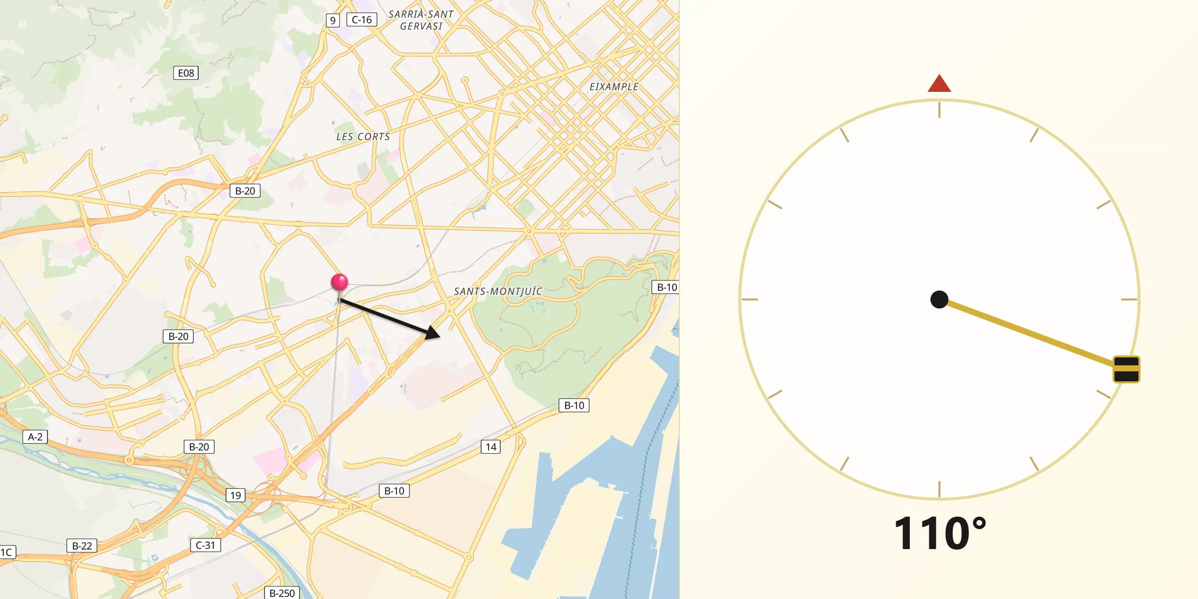 Dirección de la Qibla desde Hospitalet de Llobregat L