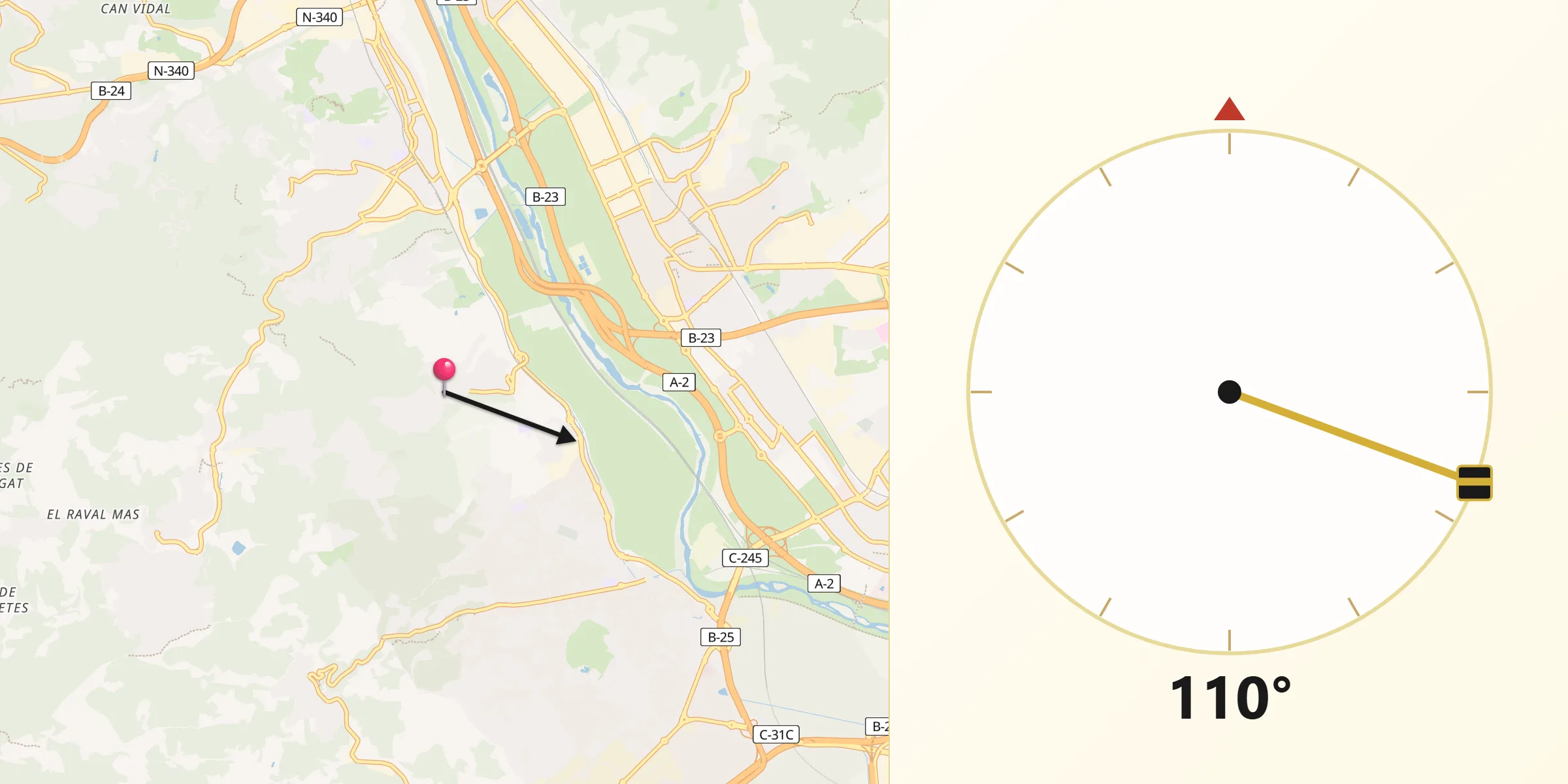 Dirección de la Qibla desde Santa Coloma de Cervelló