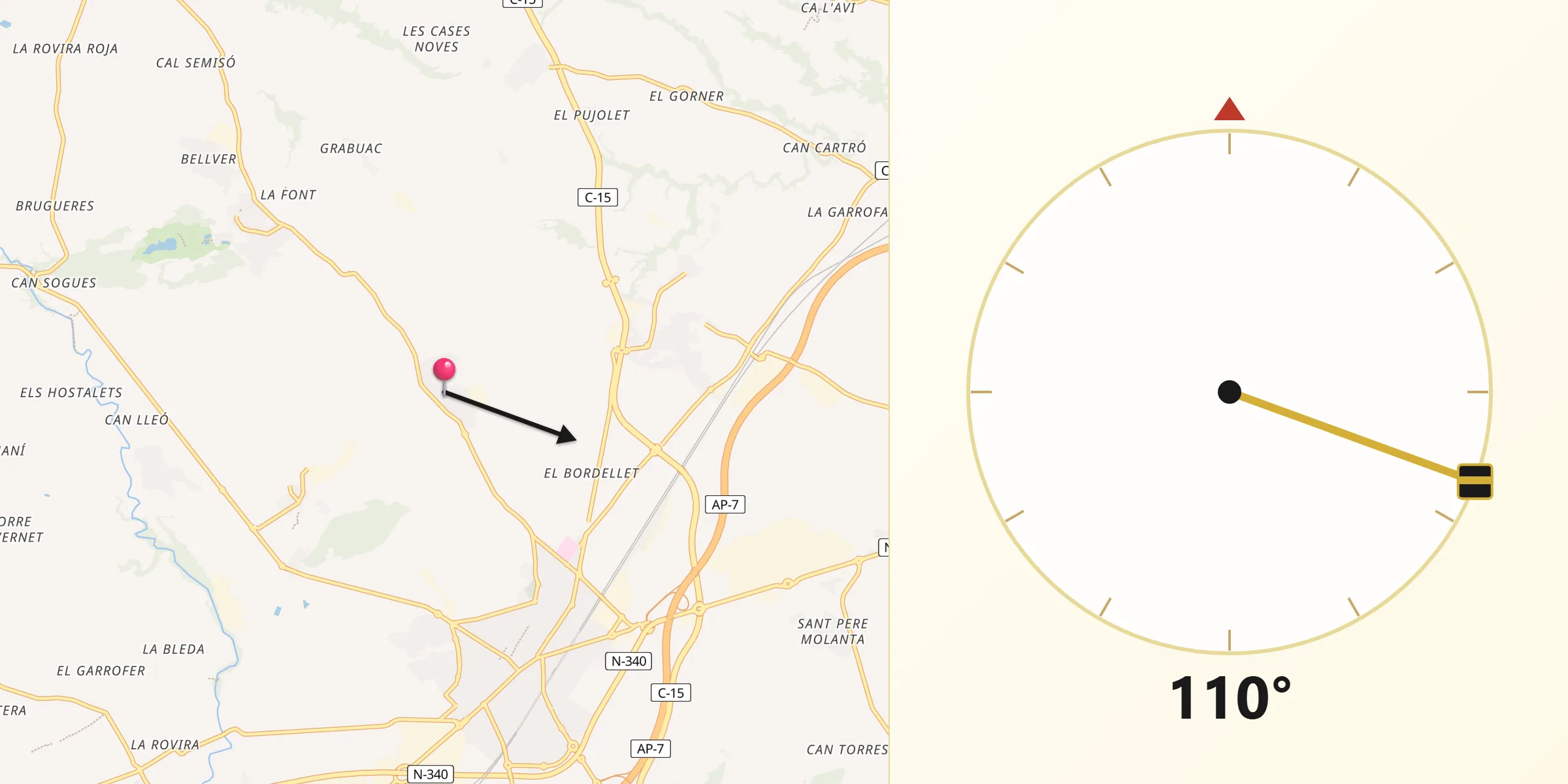 Dirección de la Qibla desde Les Cabanyes