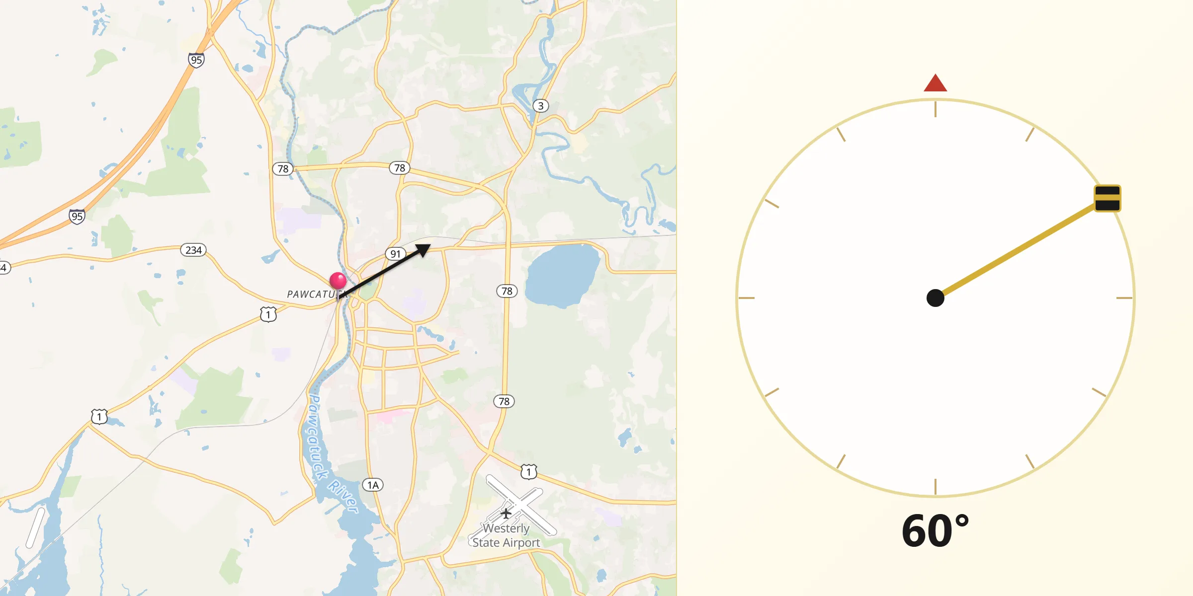 Qibla Direction from Pawcatuck