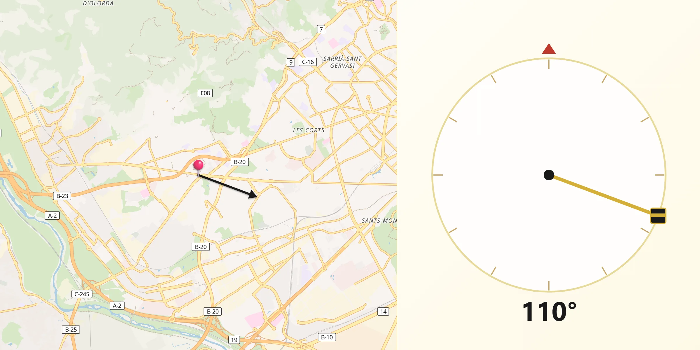 Dirección de la Qibla desde Esplugues de Llobregat