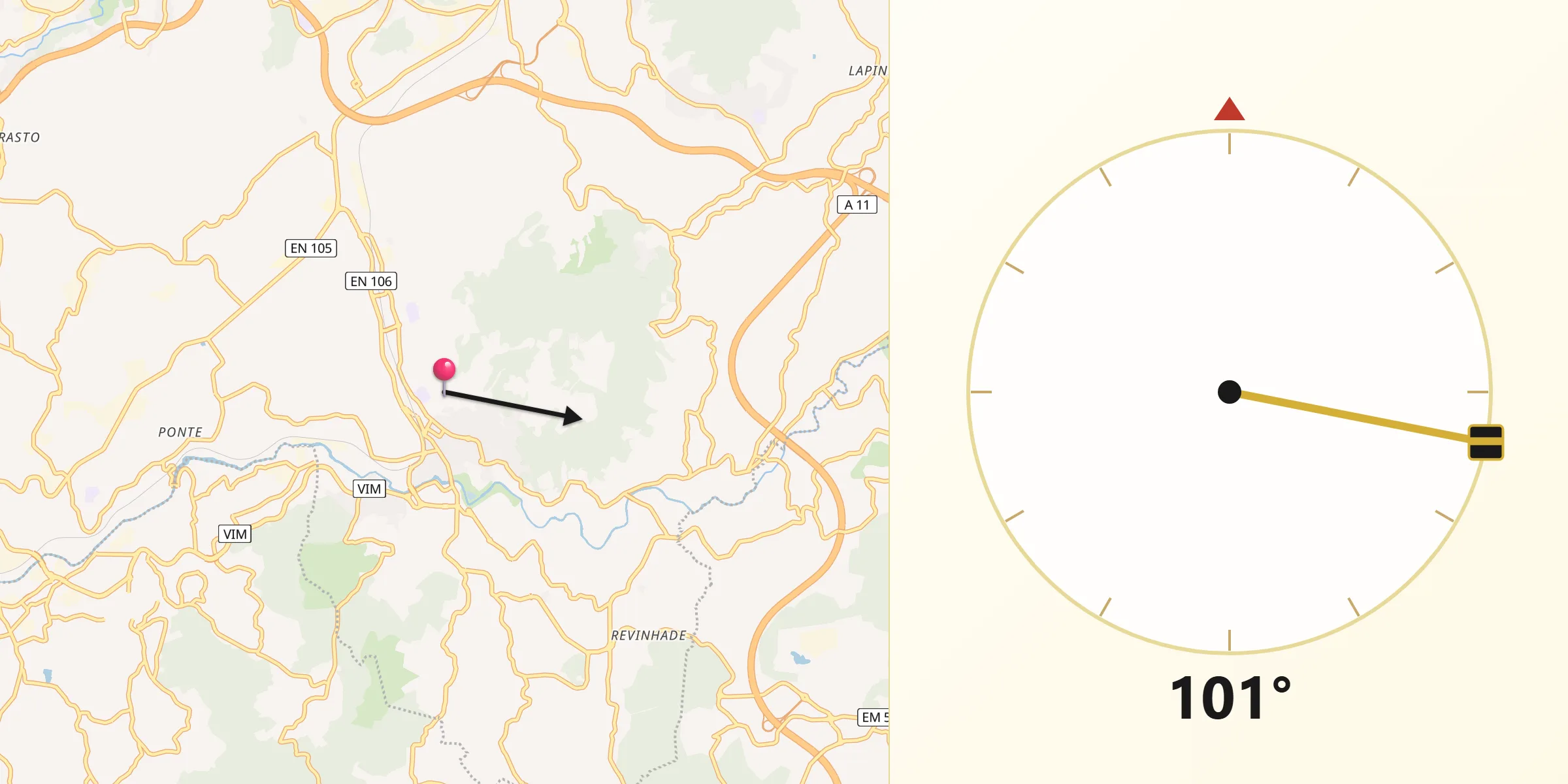 Direção da Qibla a partir de Caldas de Vizela