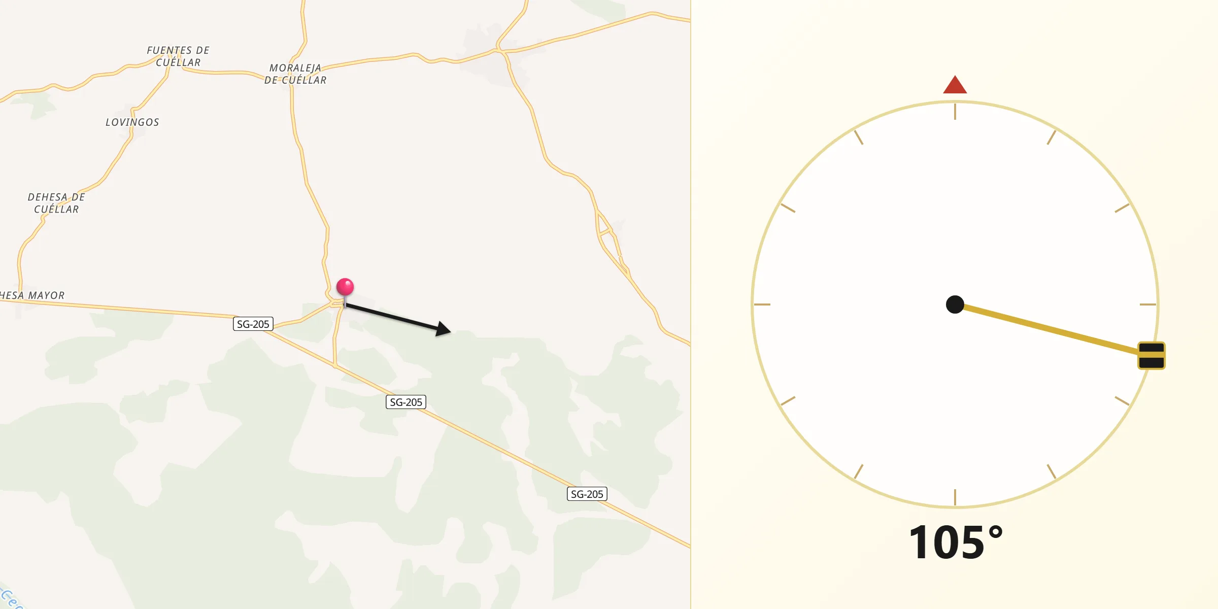 Dirección de la Qibla desde Frumales