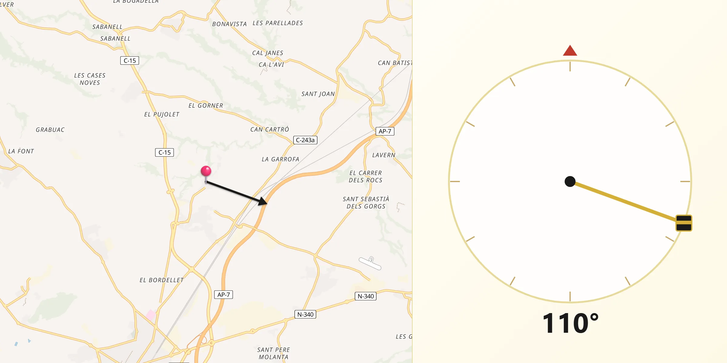 Dirección de la Qibla desde Santa Fe del Penedès