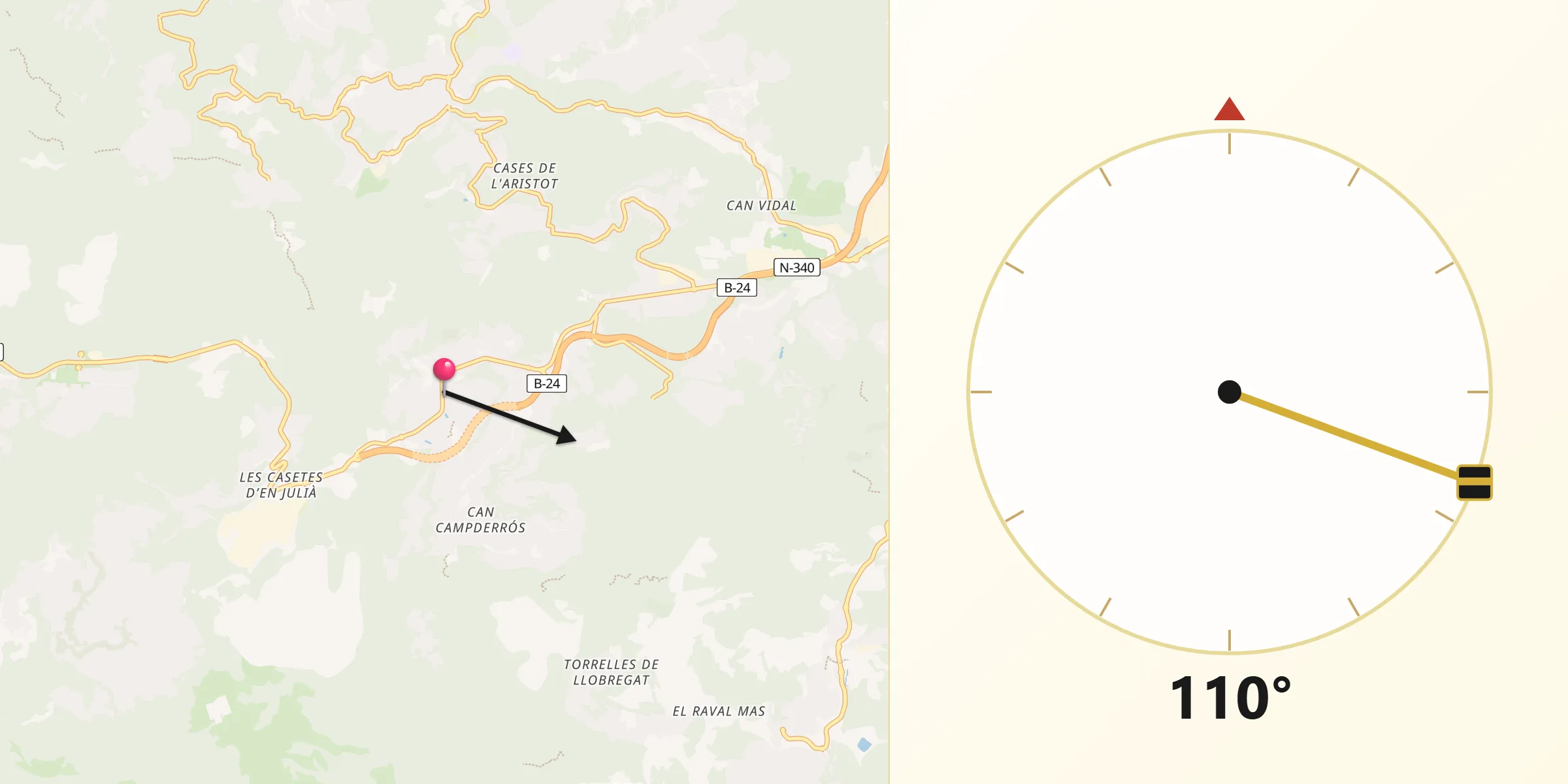 Dirección de la Qibla desde Vallirana