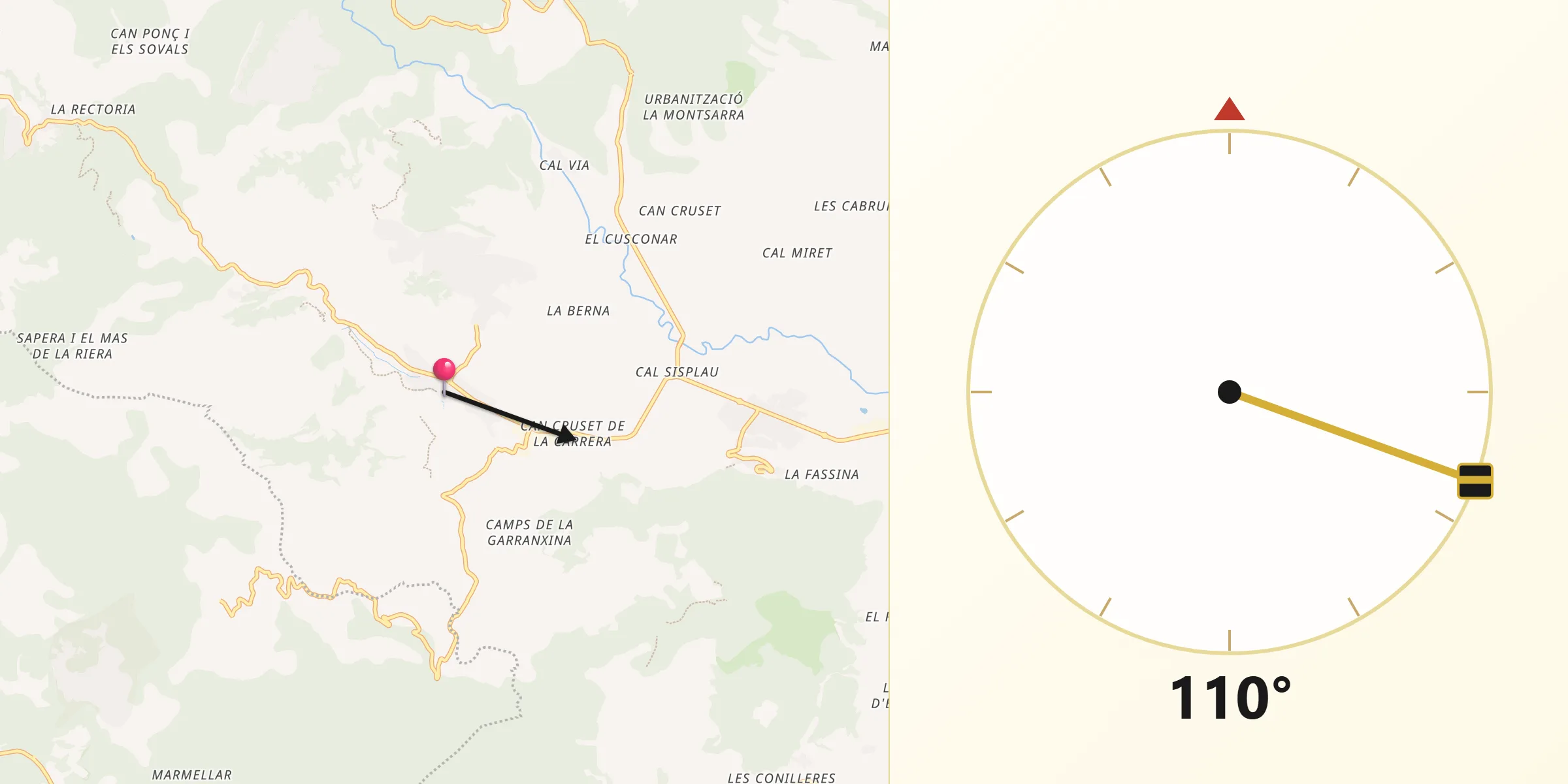Dirección de la Qibla desde Torrelles de Foix