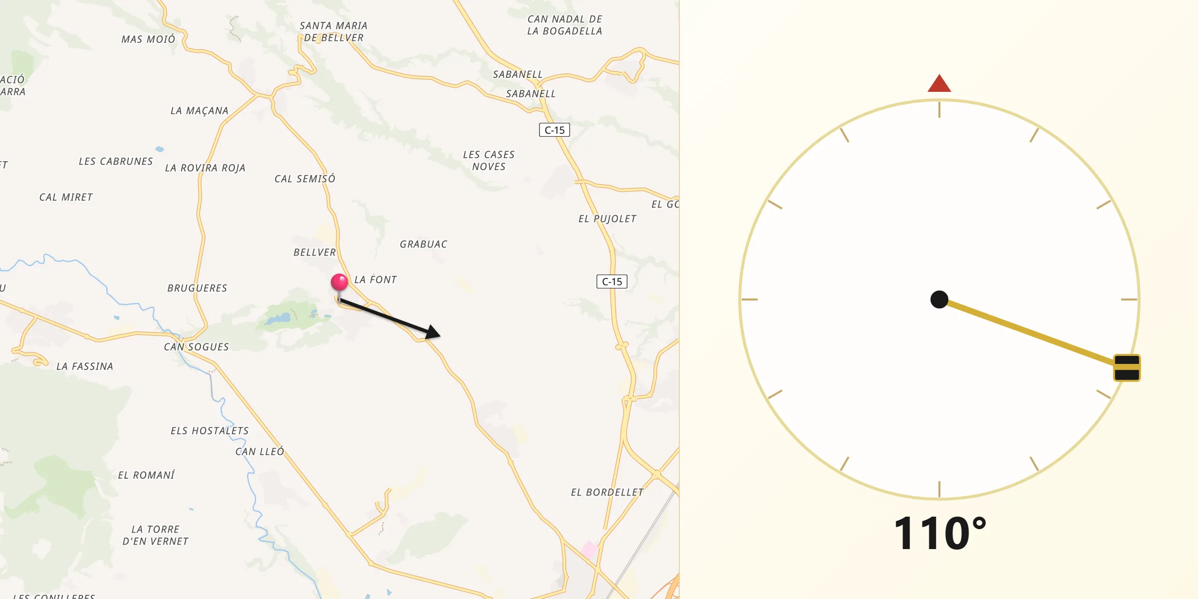 Dirección de la Qibla desde Vilobí del Penedès
