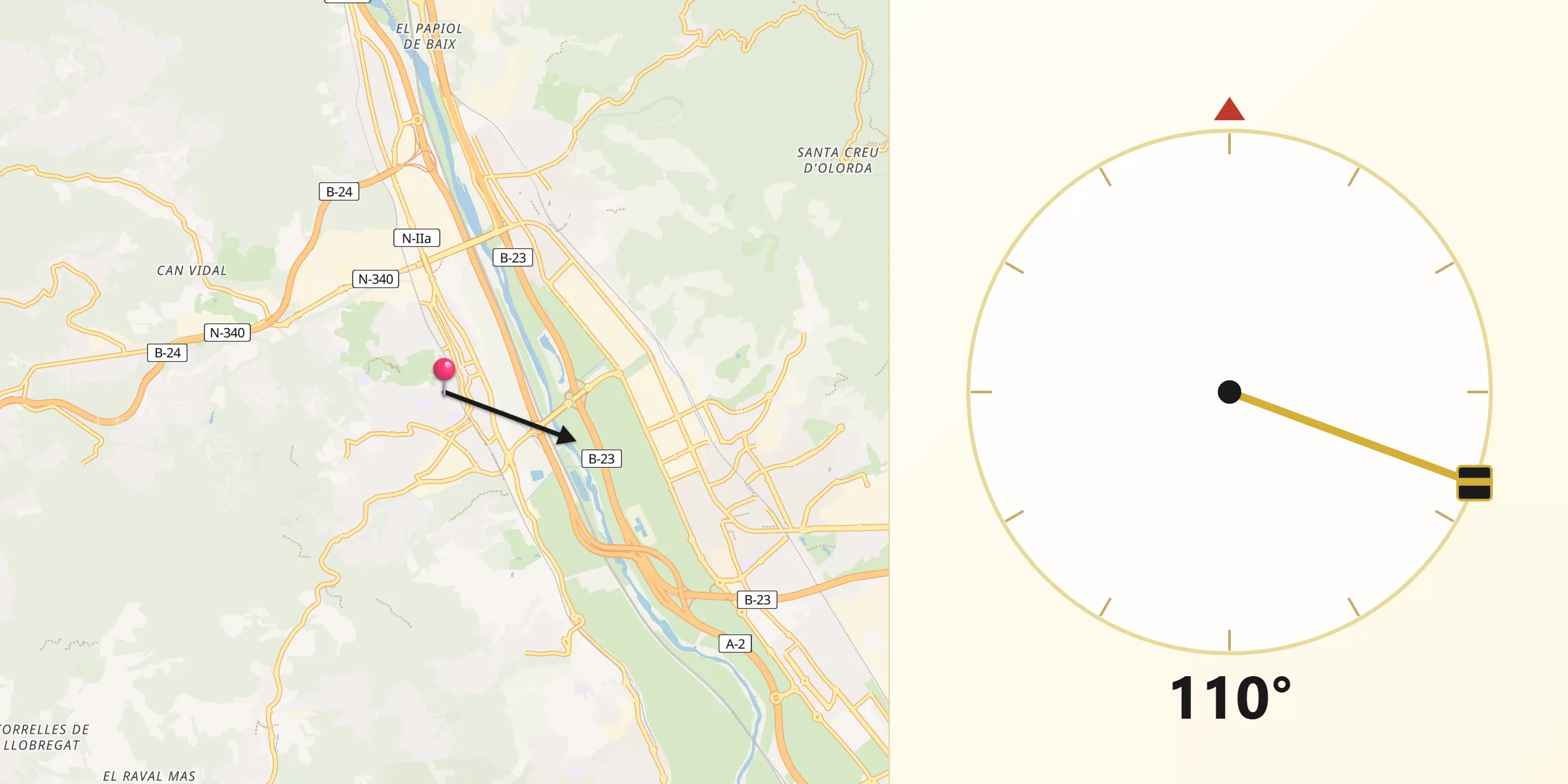 Dirección de la Qibla desde Sant Vicenç dels Horts