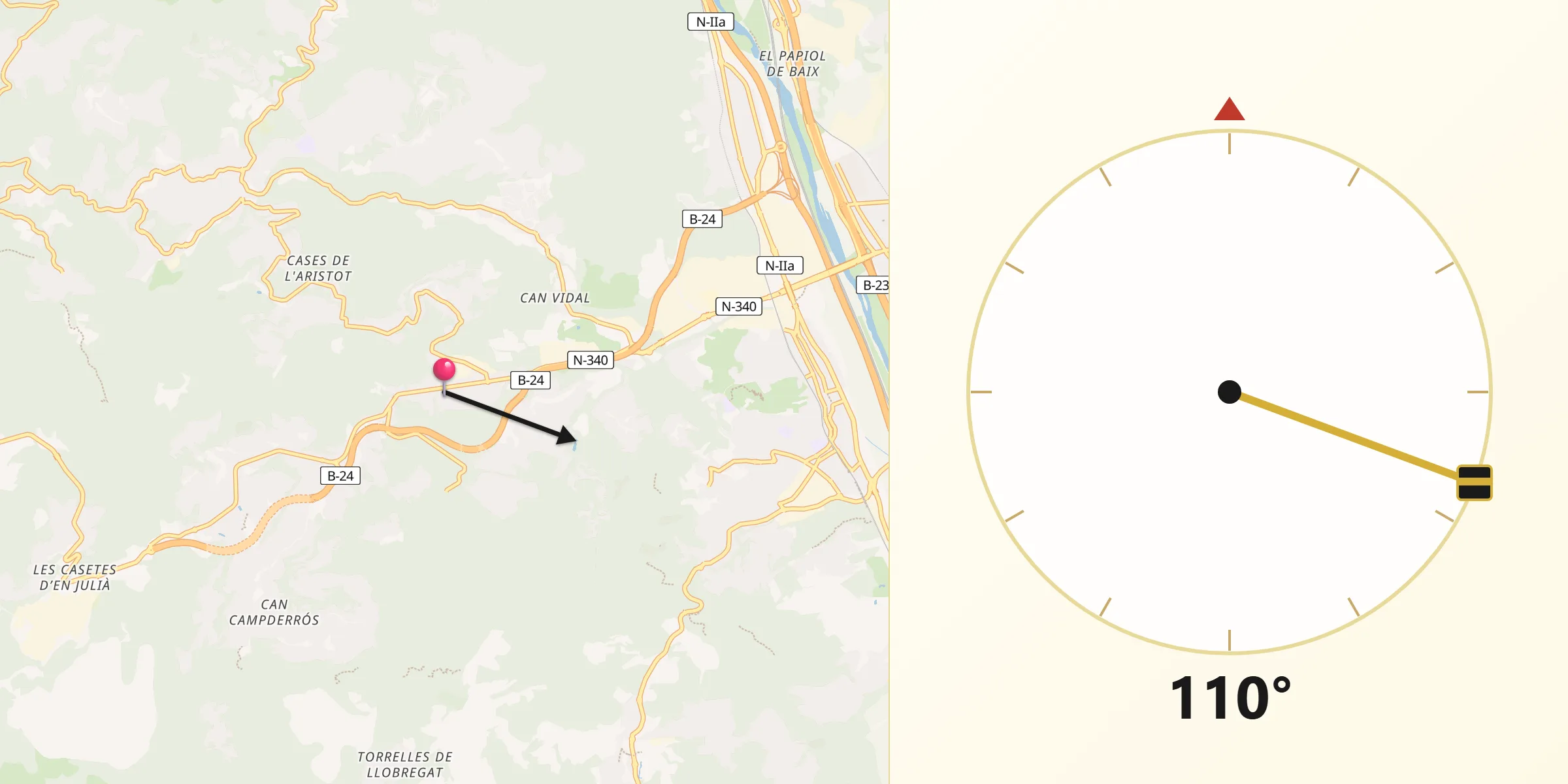 Dirección de la Qibla desde Cervelló