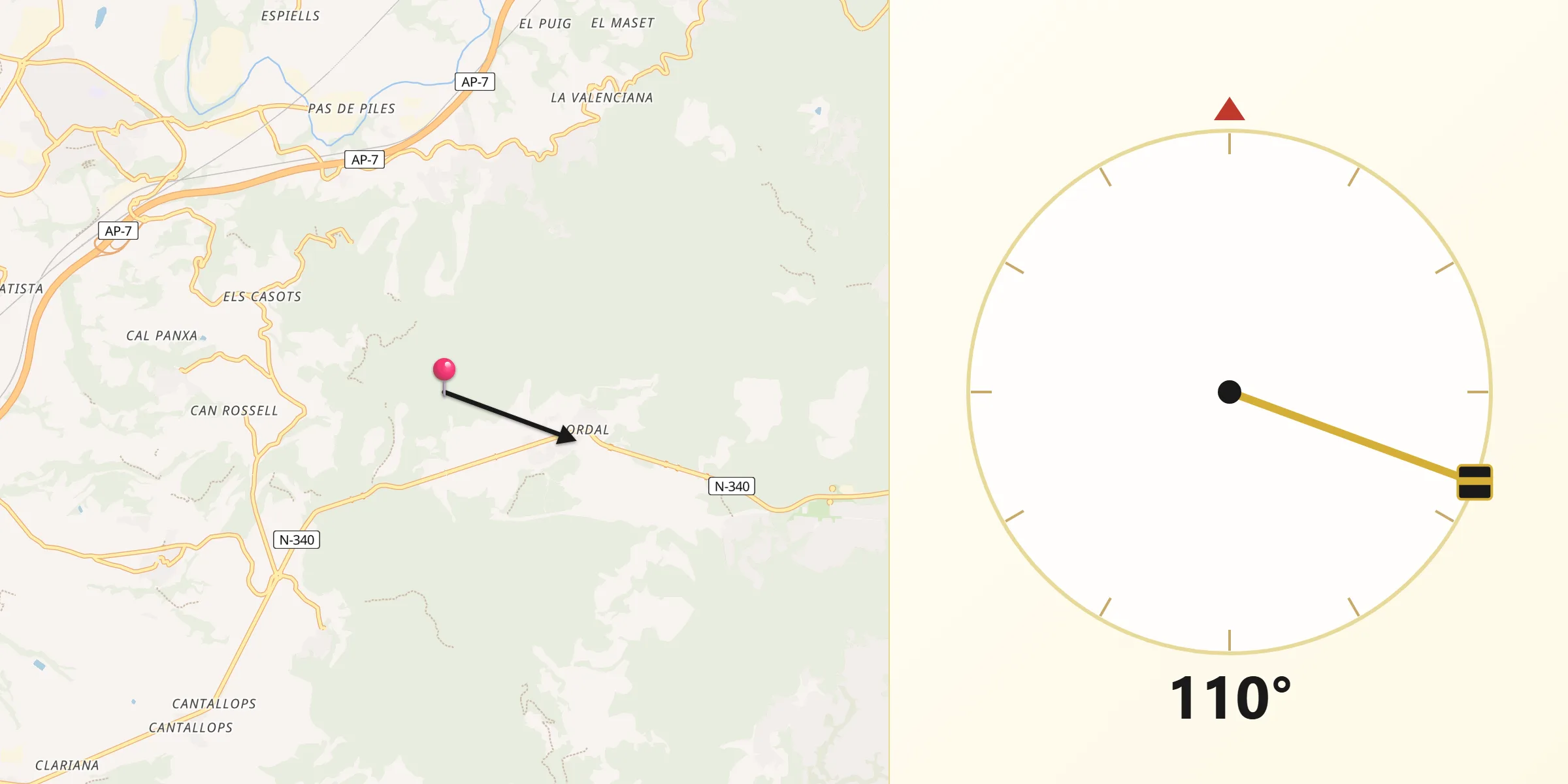 Dirección de la Qibla desde Subirats