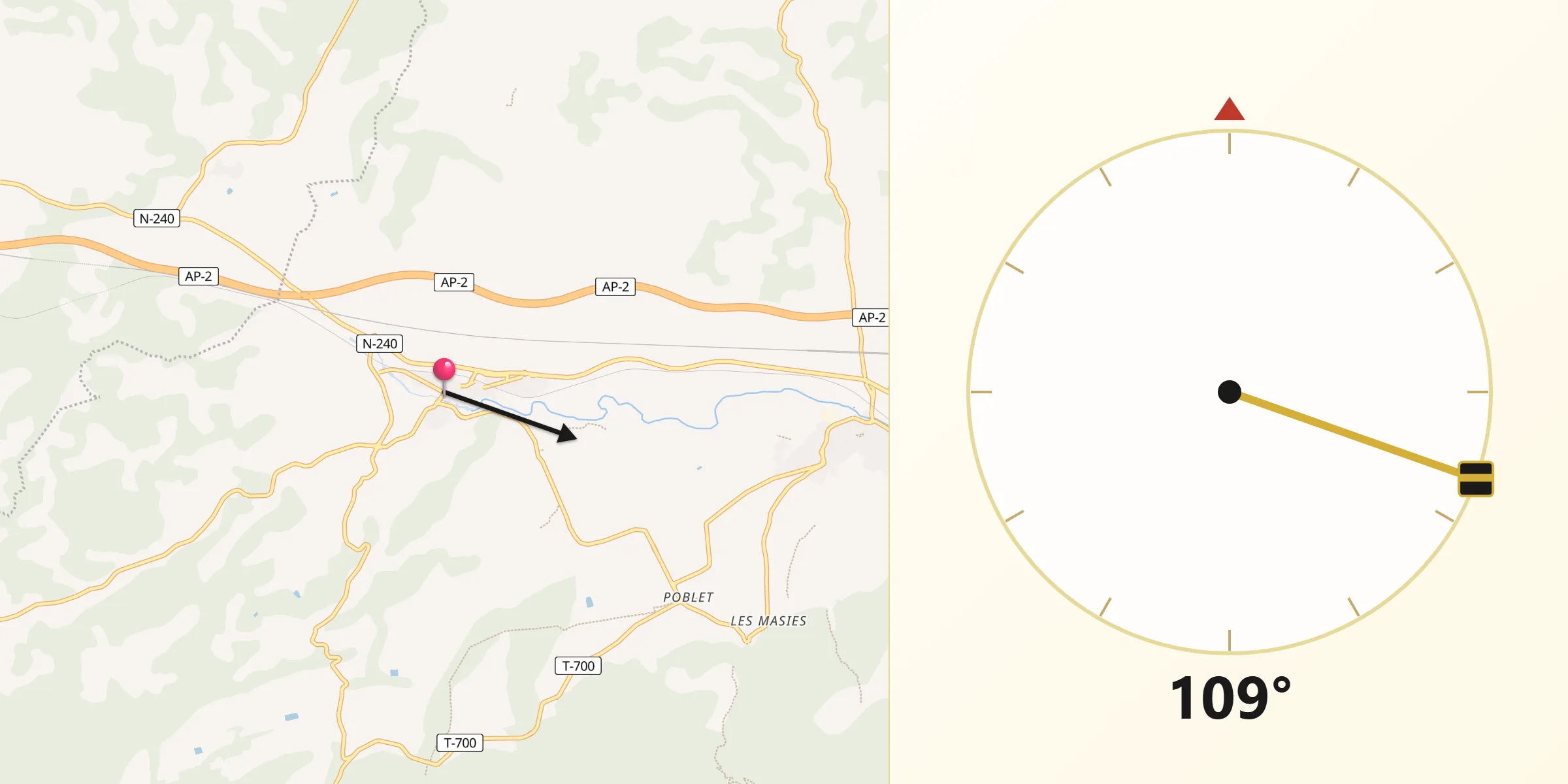 Dirección de la Qibla desde Vimbodí i Poblet