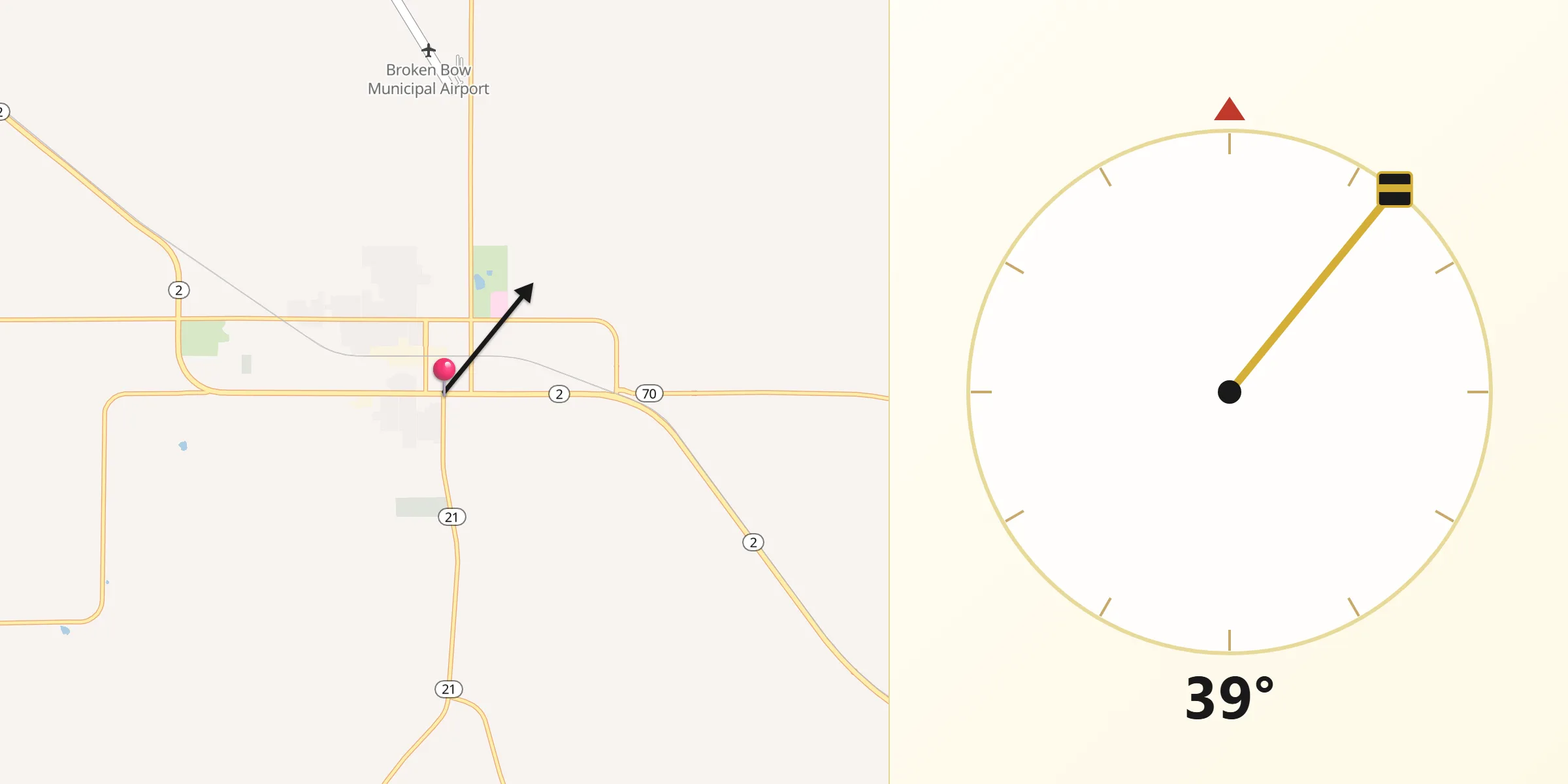 Qibla Direction from Broken Bow