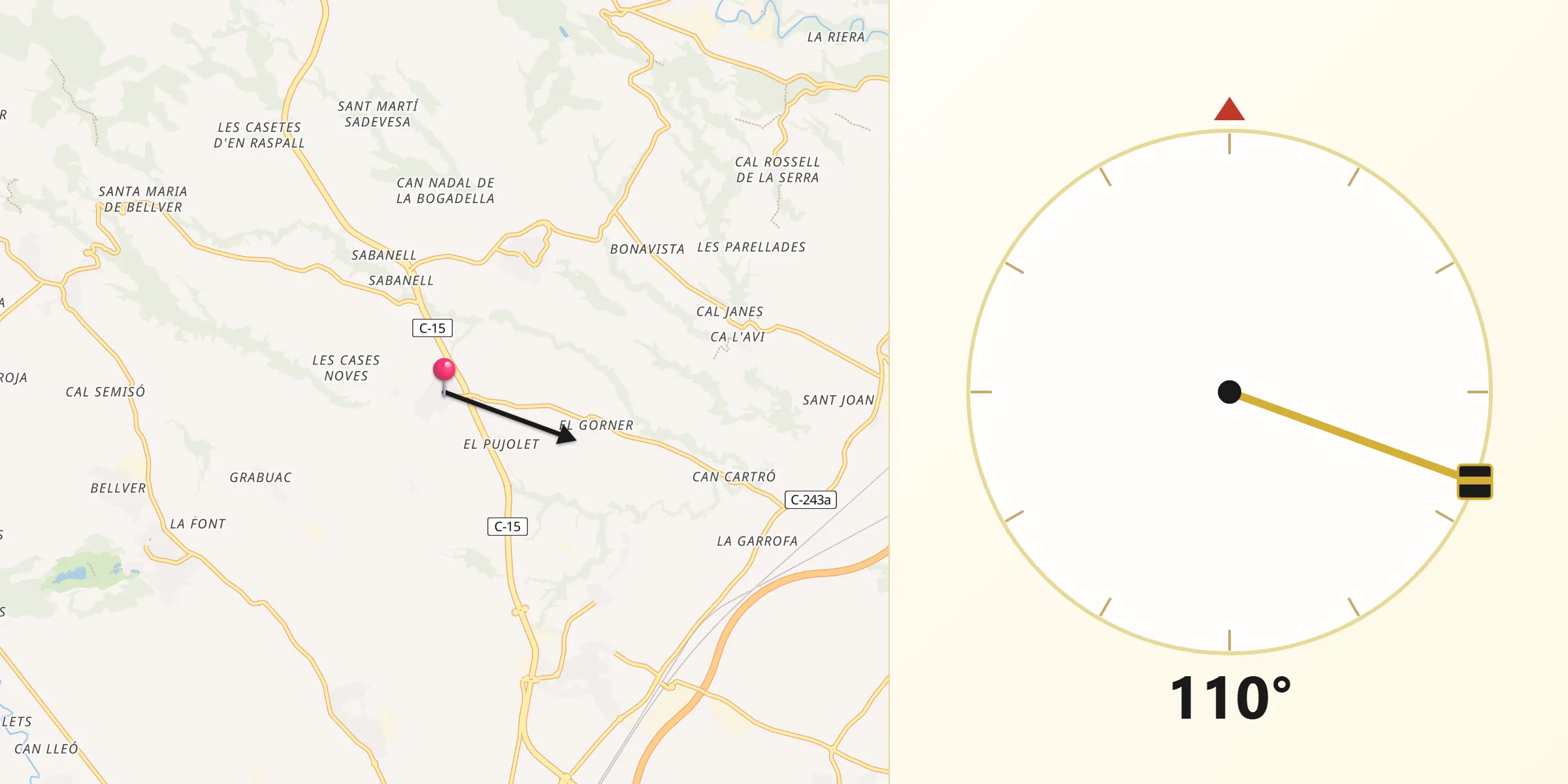 Dirección de la Qibla desde Puigdàlber