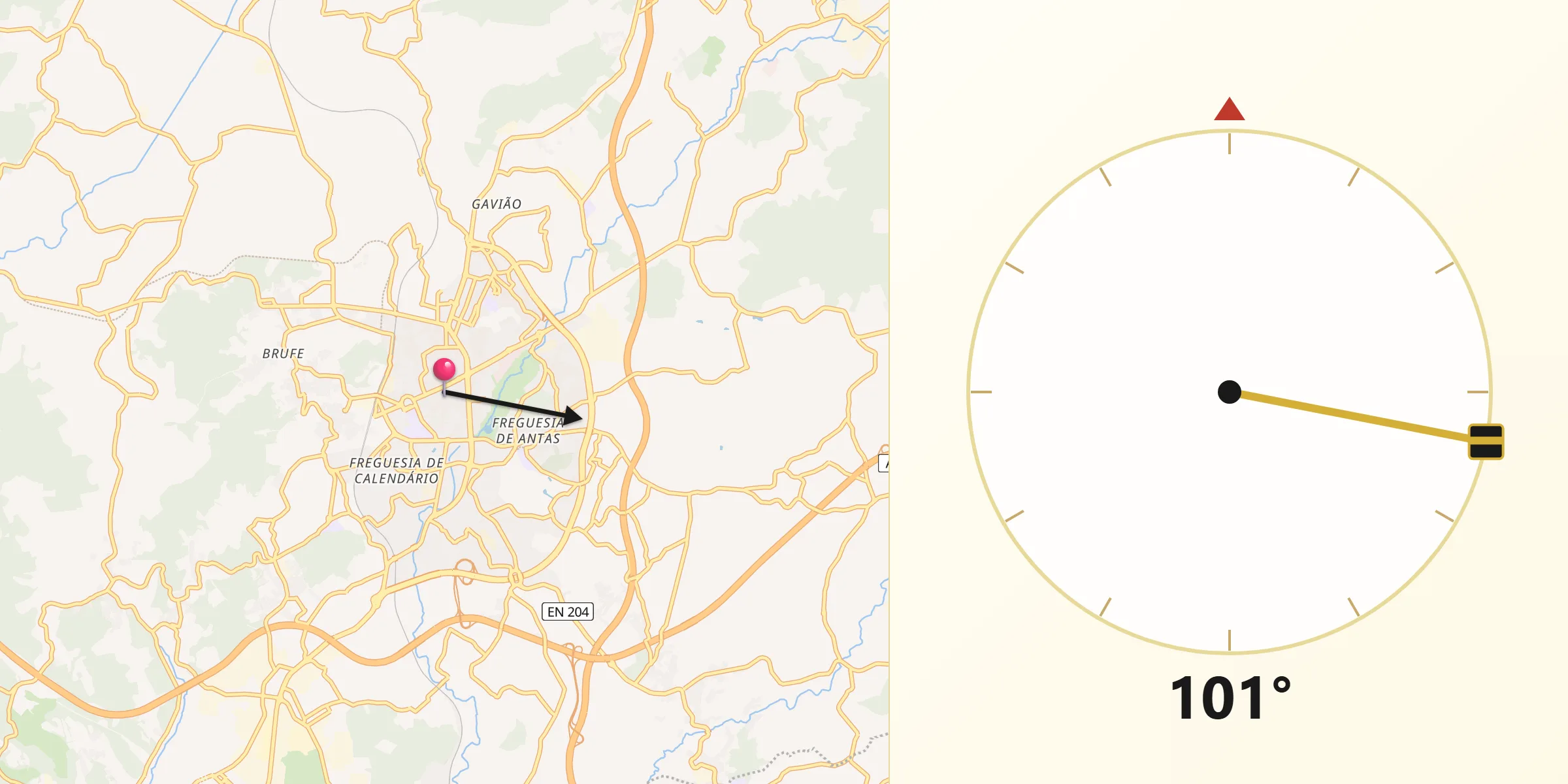 Direção da Qibla a partir de Vila Nova de Famalicão