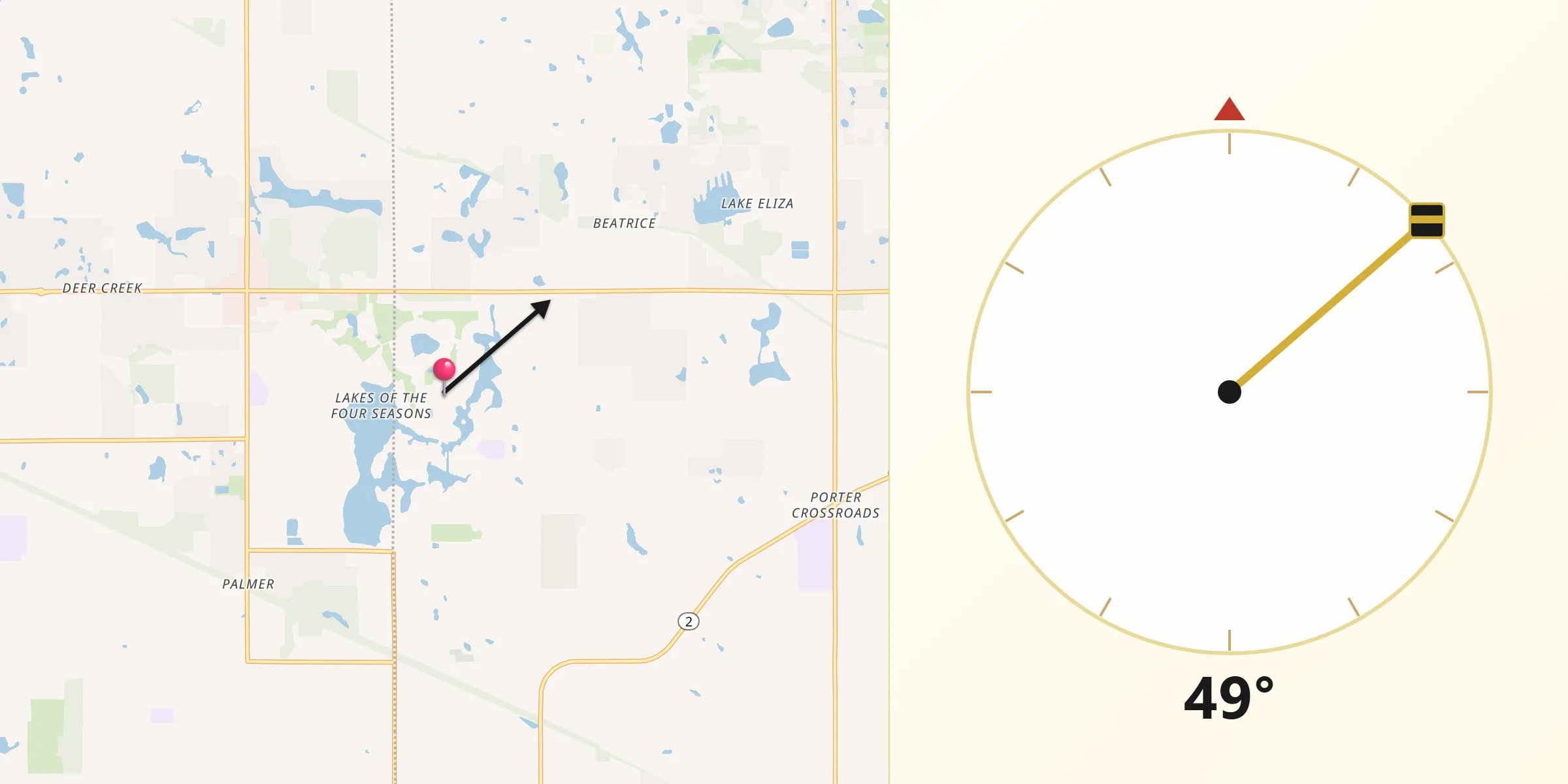 Qibla Direction from Lakes of the Four Seasons