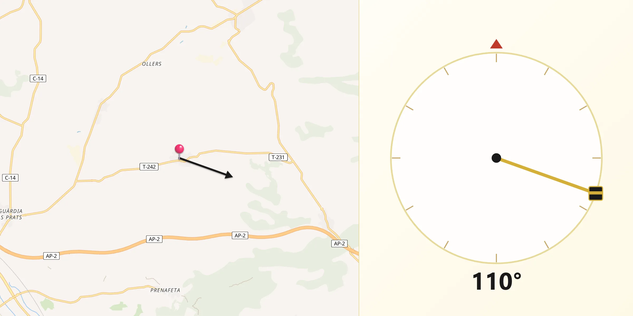 Dirección de la Qibla desde Barberà de la Conca