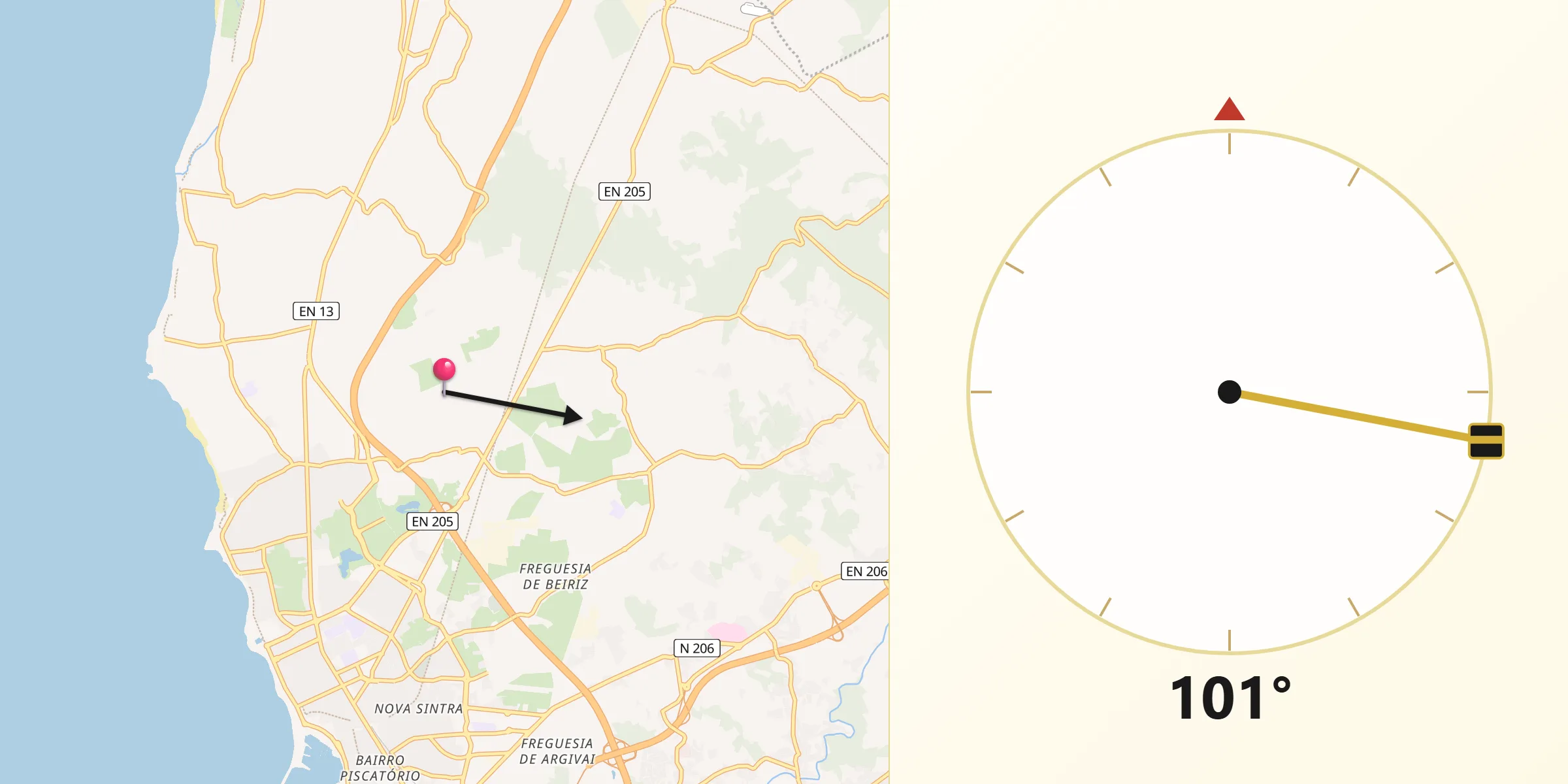 Direção da Qibla a partir de Pedroso