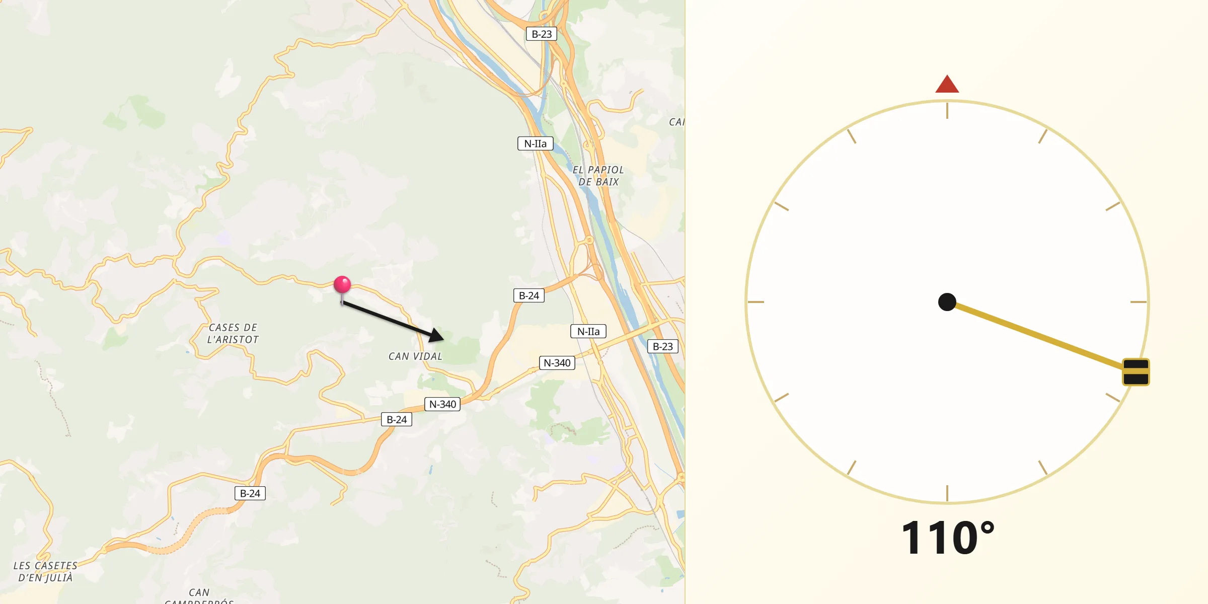 Dirección de la Qibla desde La Palma de Cervelló