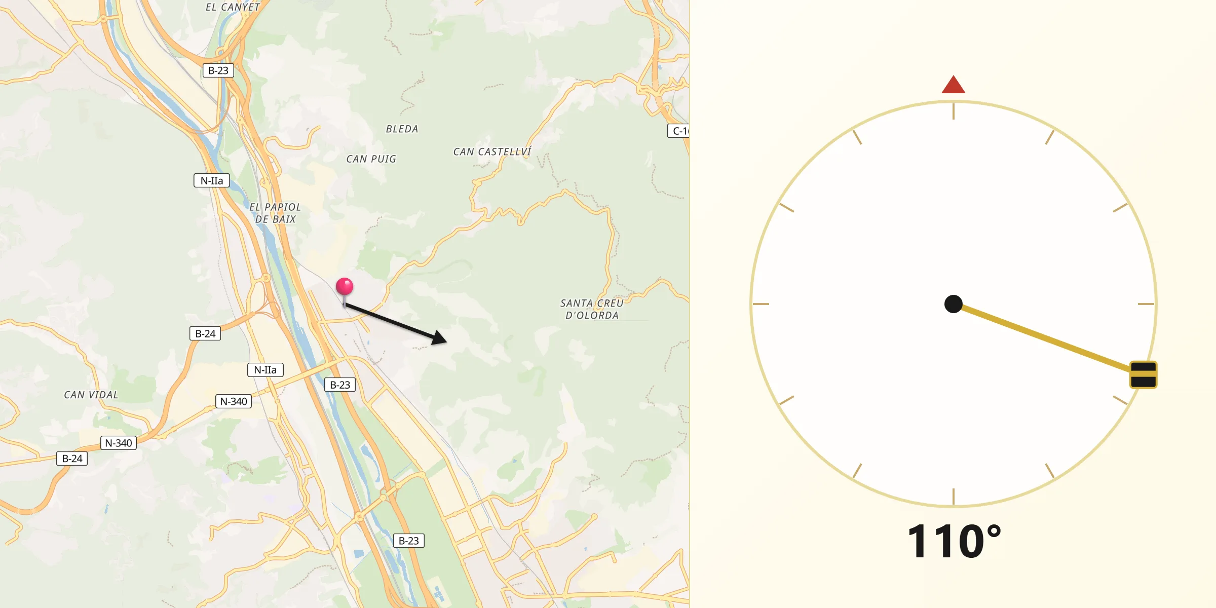 Dirección de la Qibla desde Molins de Rei