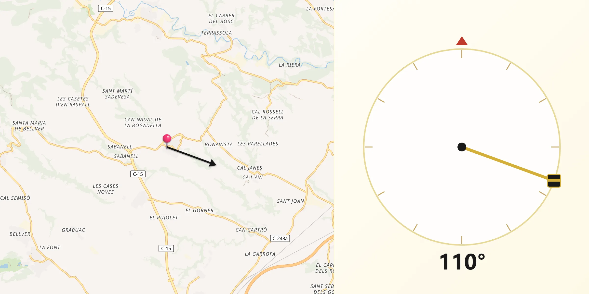 Dirección de la Qibla desde El Pla del Penedès