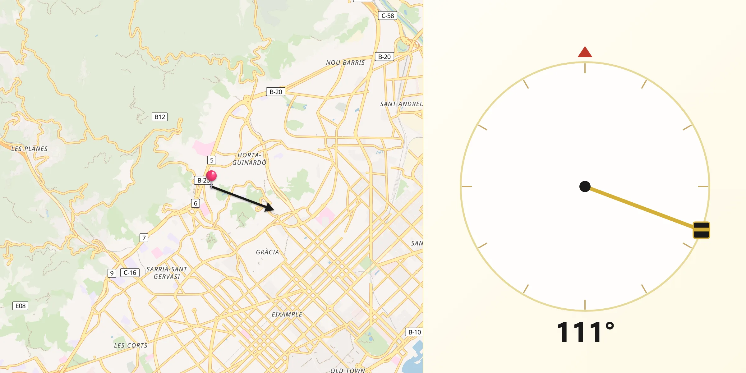 Dirección de la Qibla desde Veciana