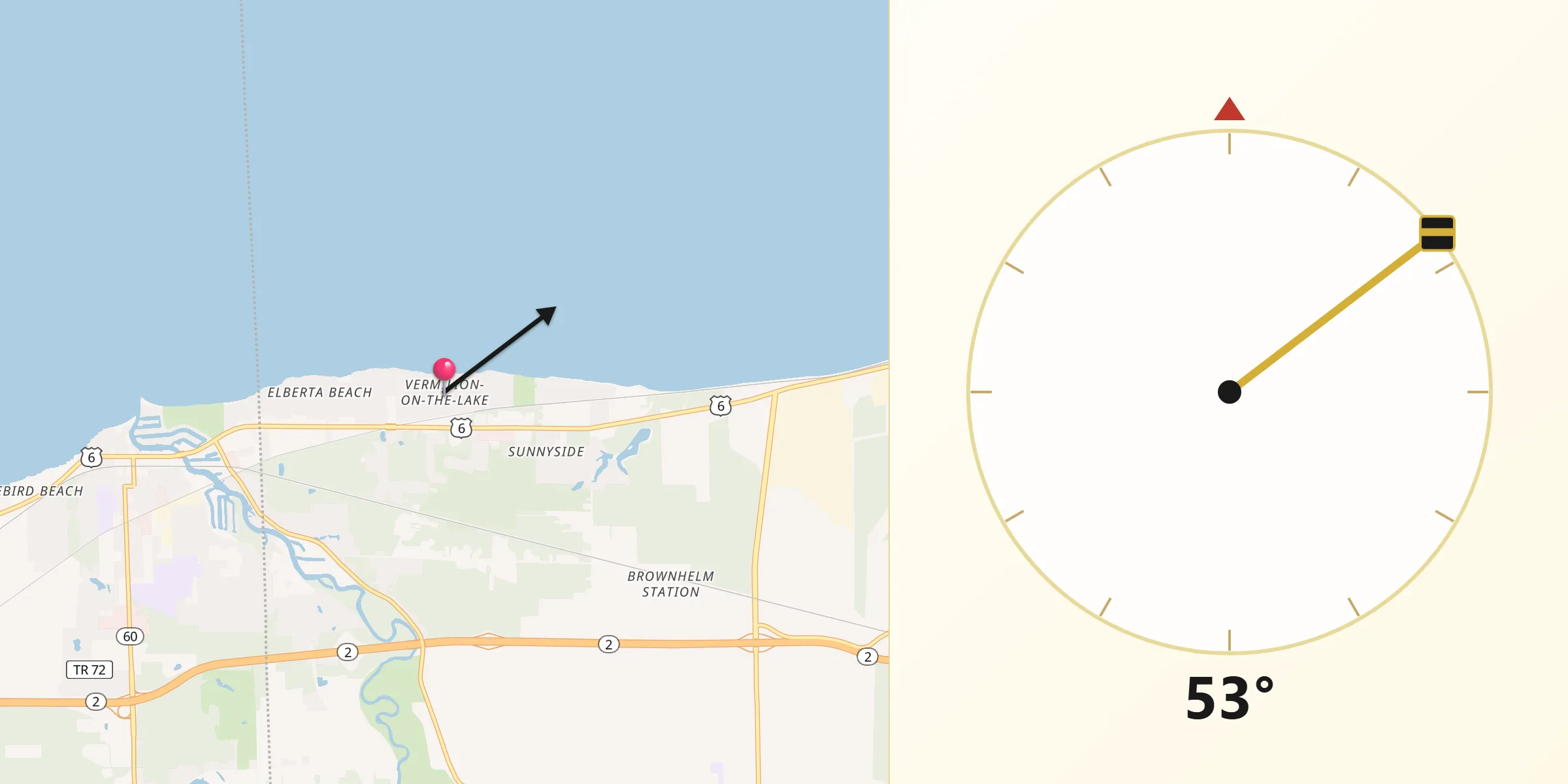 Qibla Direction from Vermilion-on-the-Lake