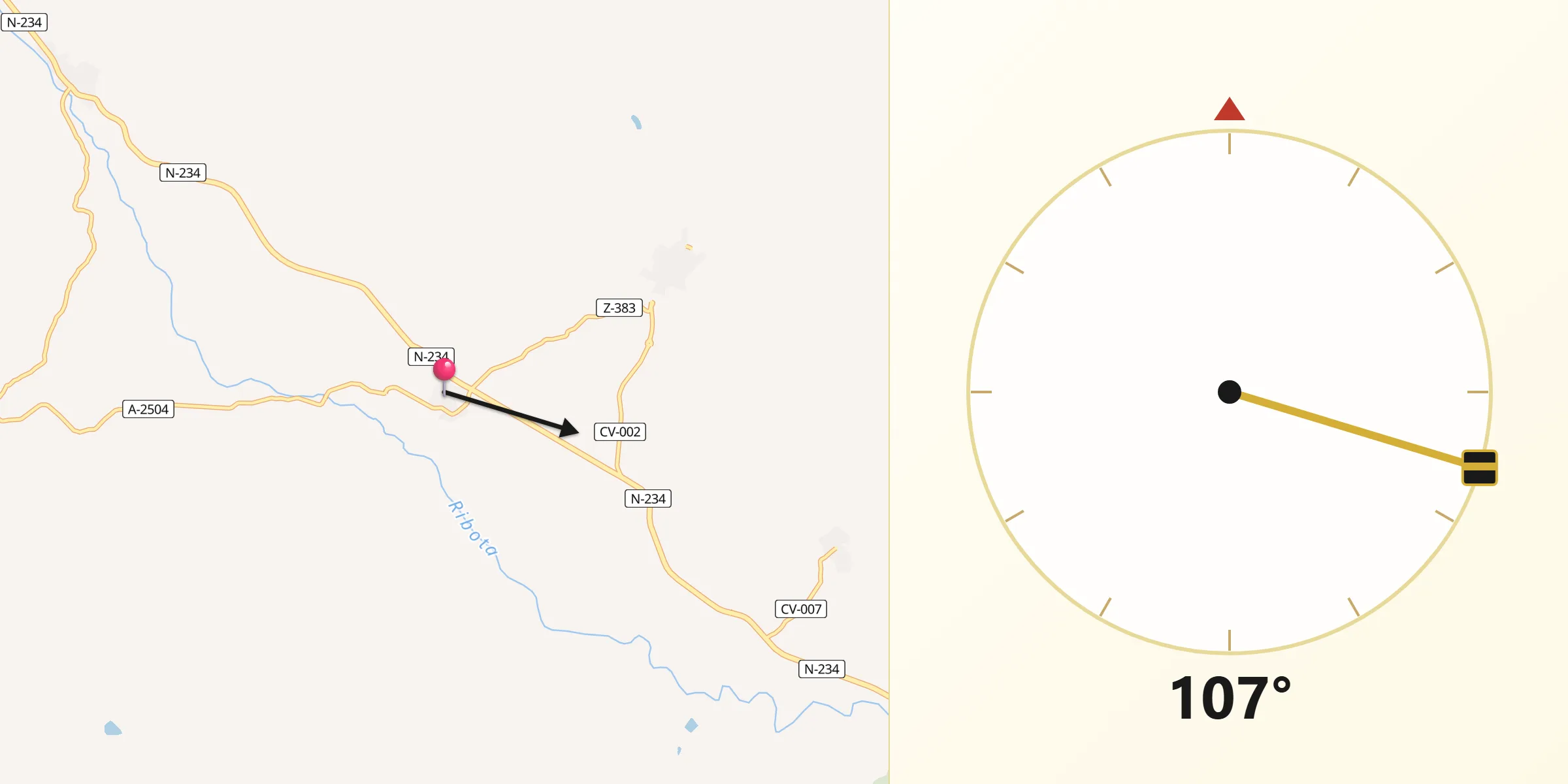 Dirección de la Qibla desde Cervera de la Cañada