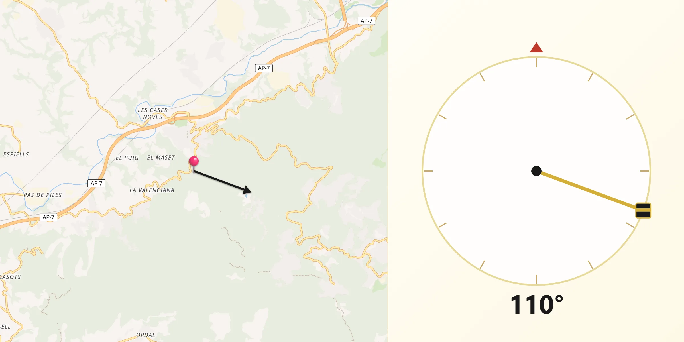 Dirección de la Qibla desde Gelida