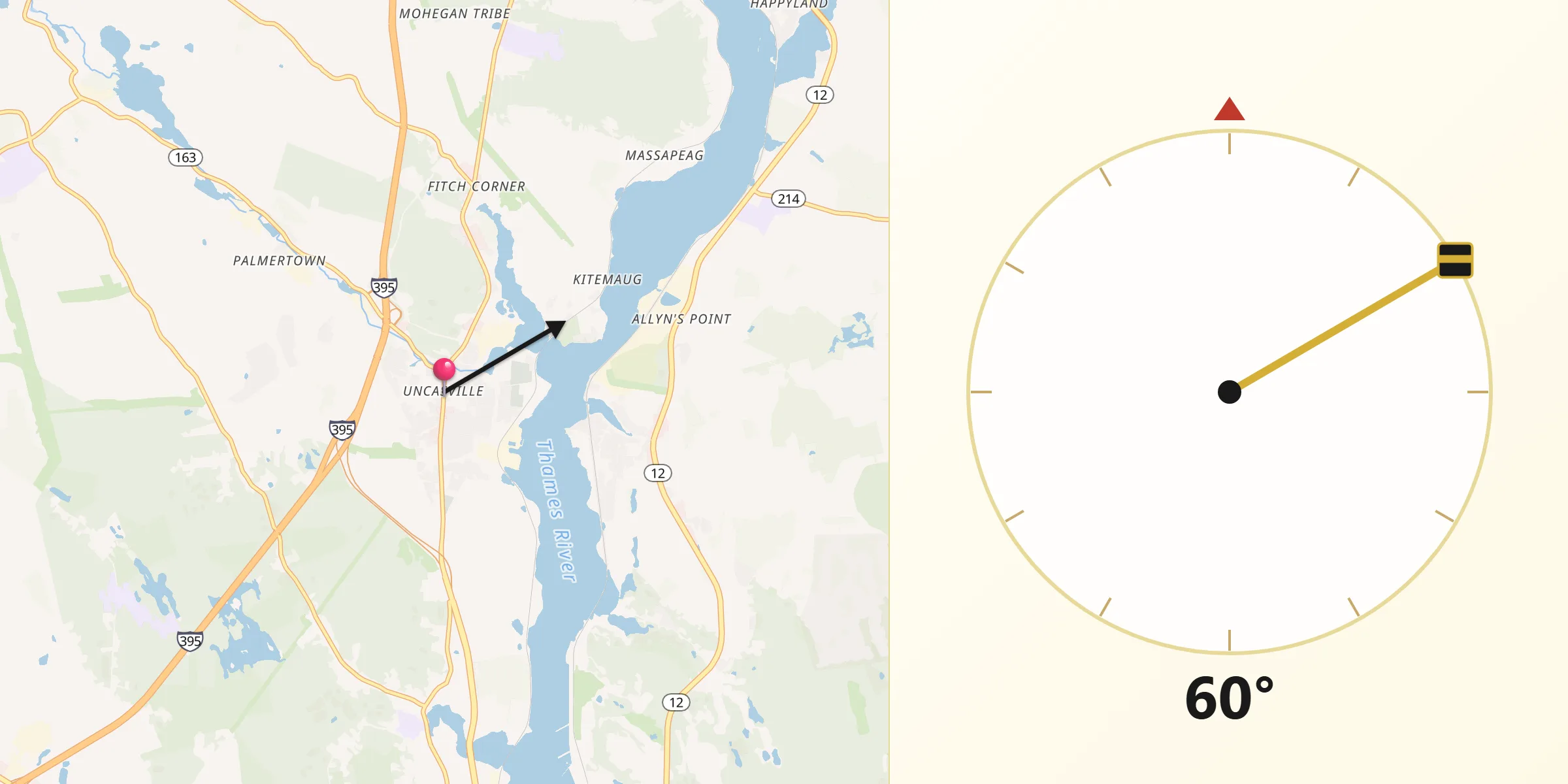 Qibla Direction from Uncasville