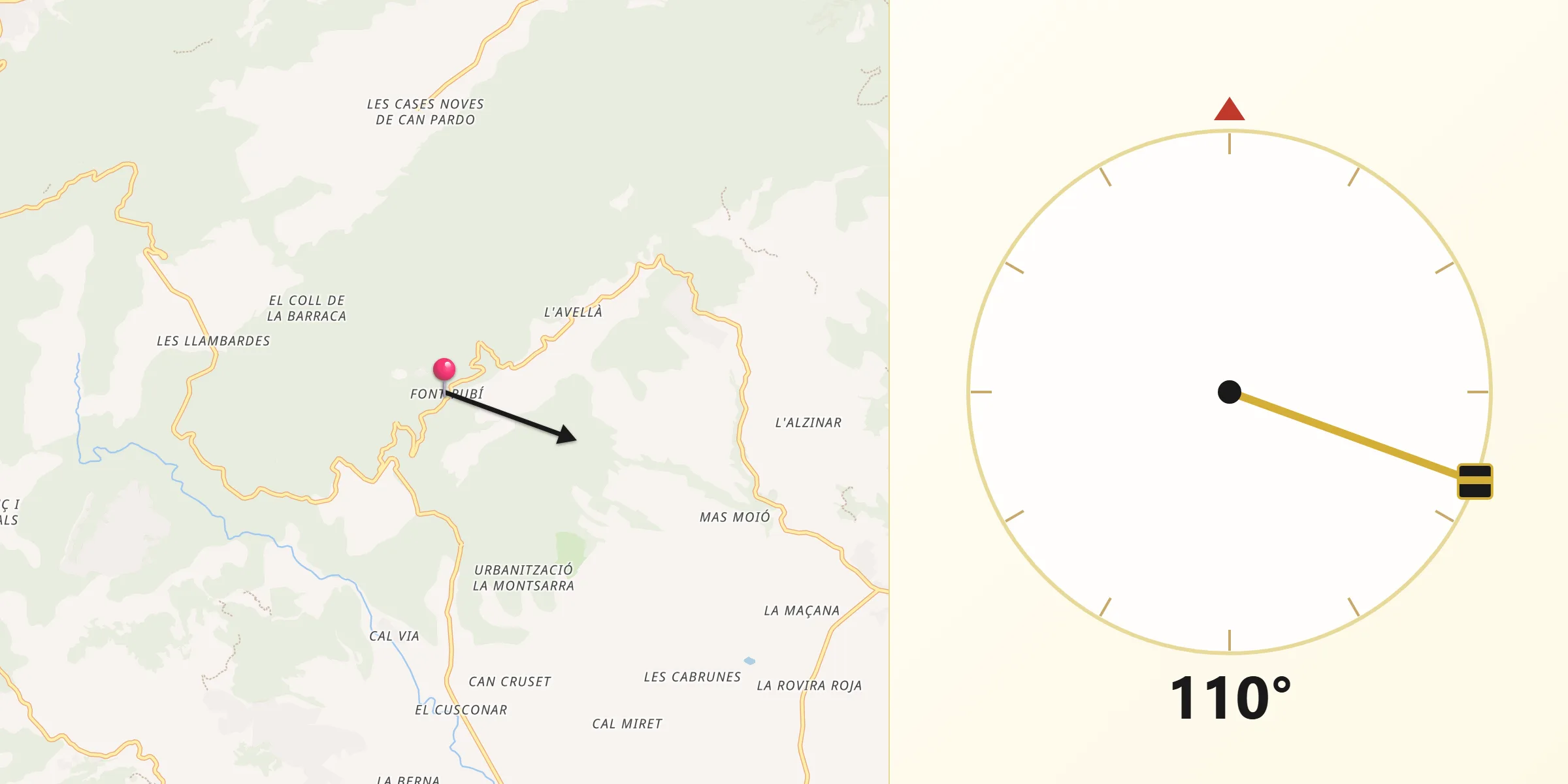 Dirección de la Qibla desde Font-rubí