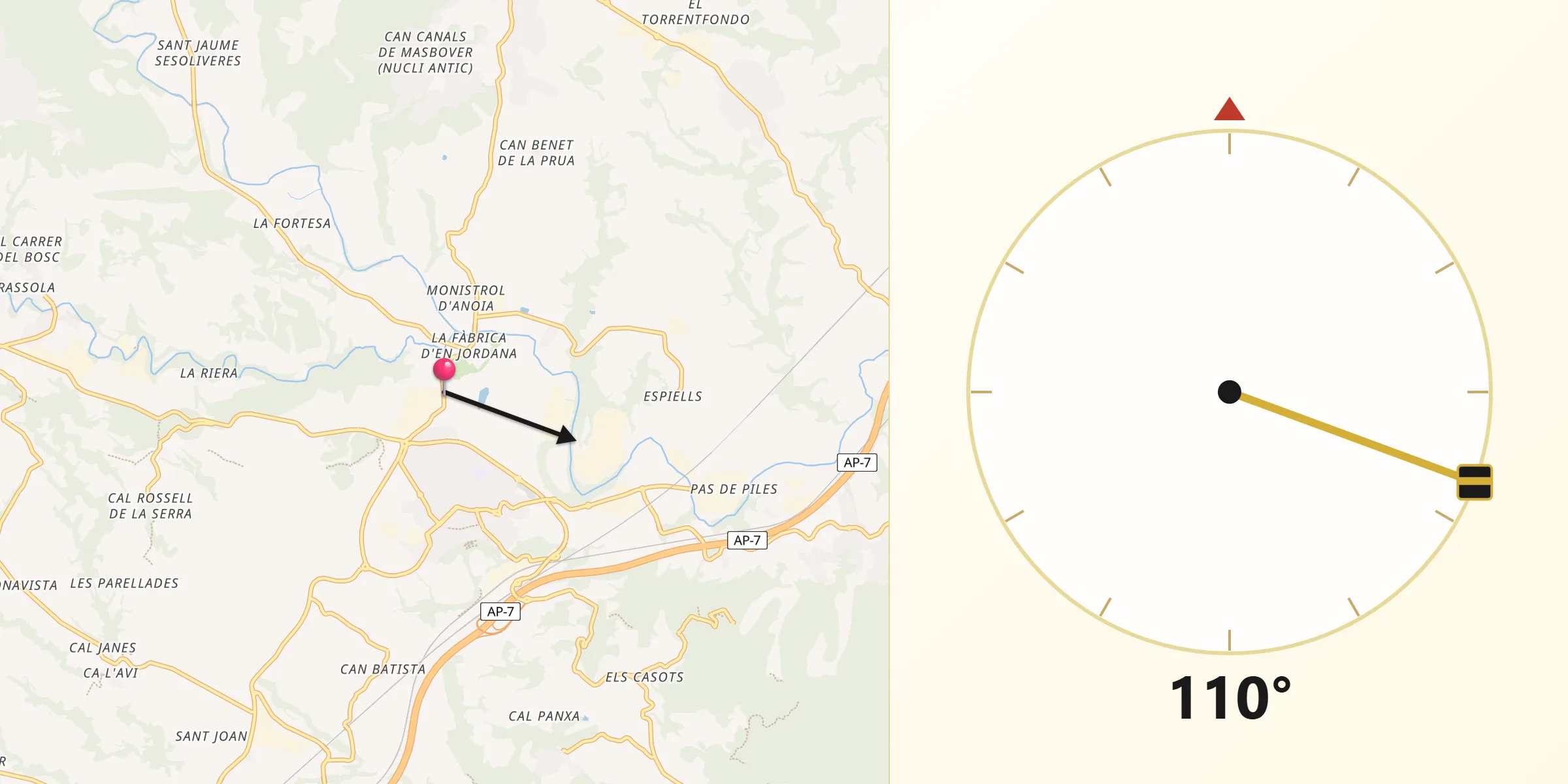 Dirección de la Qibla desde Sant Sadurní d'Anoia