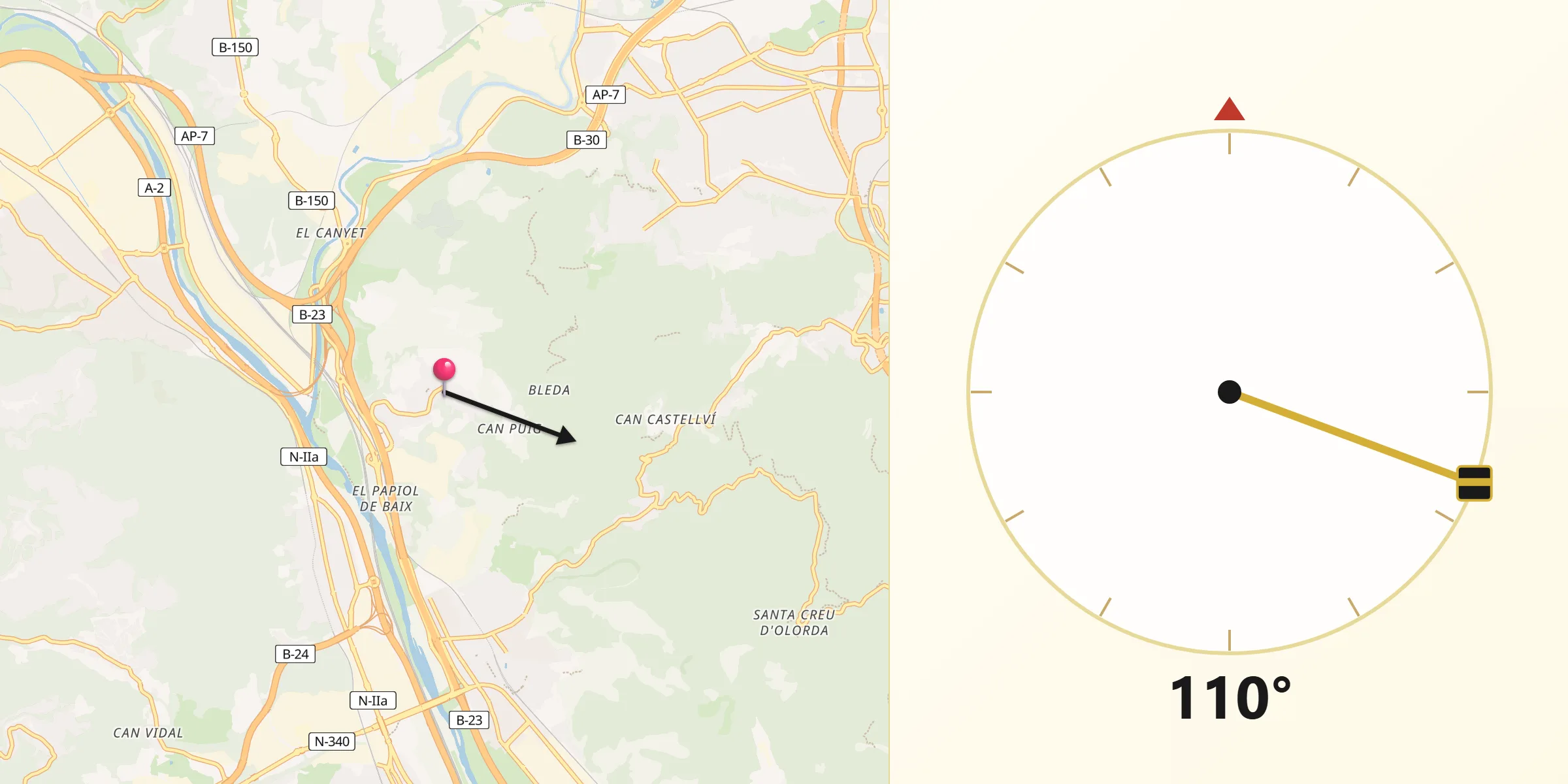 Dirección de la Qibla desde El Papiol