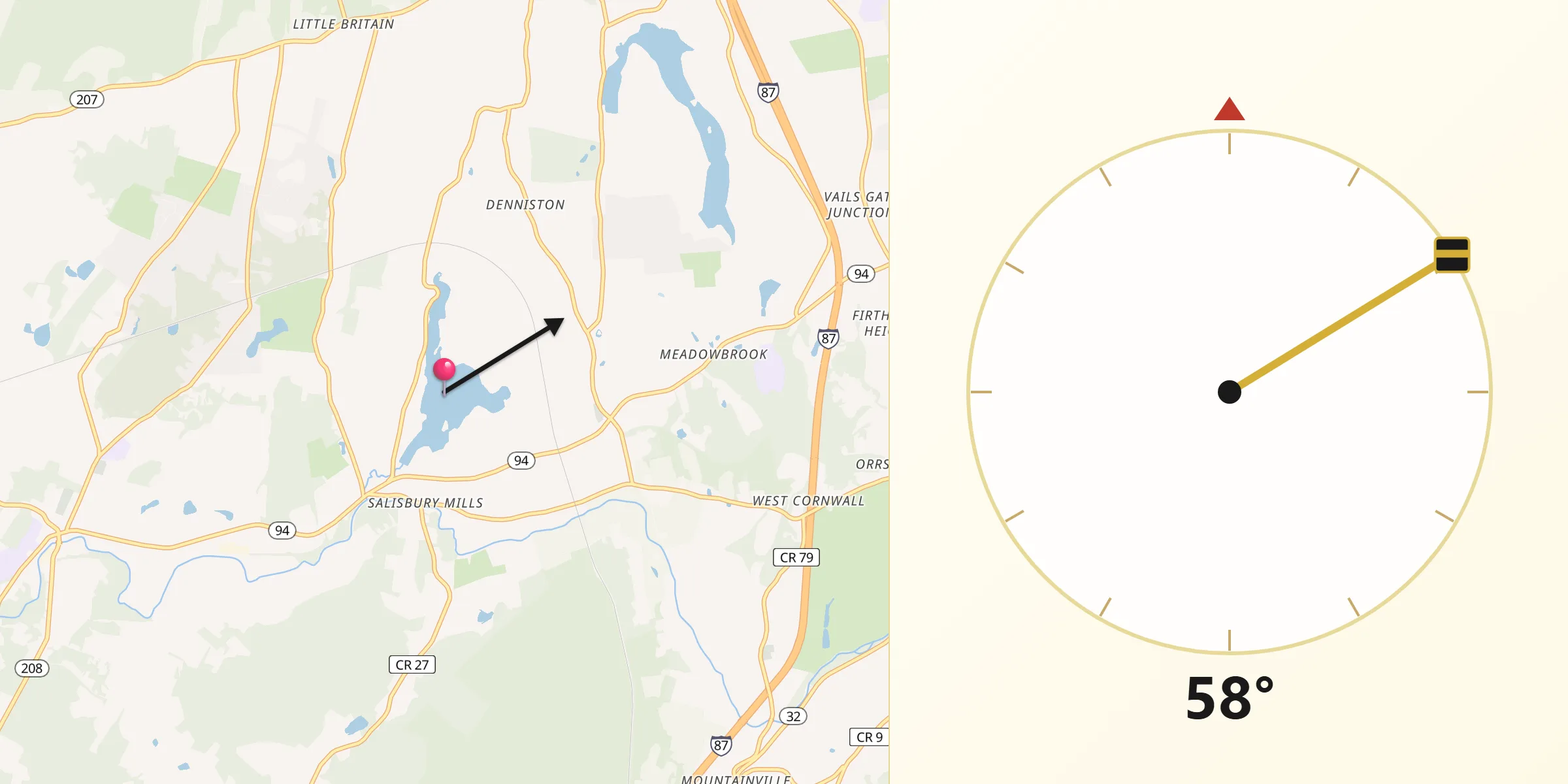 Qibla Direction from Beaverdam Lake-Salisbury Mills