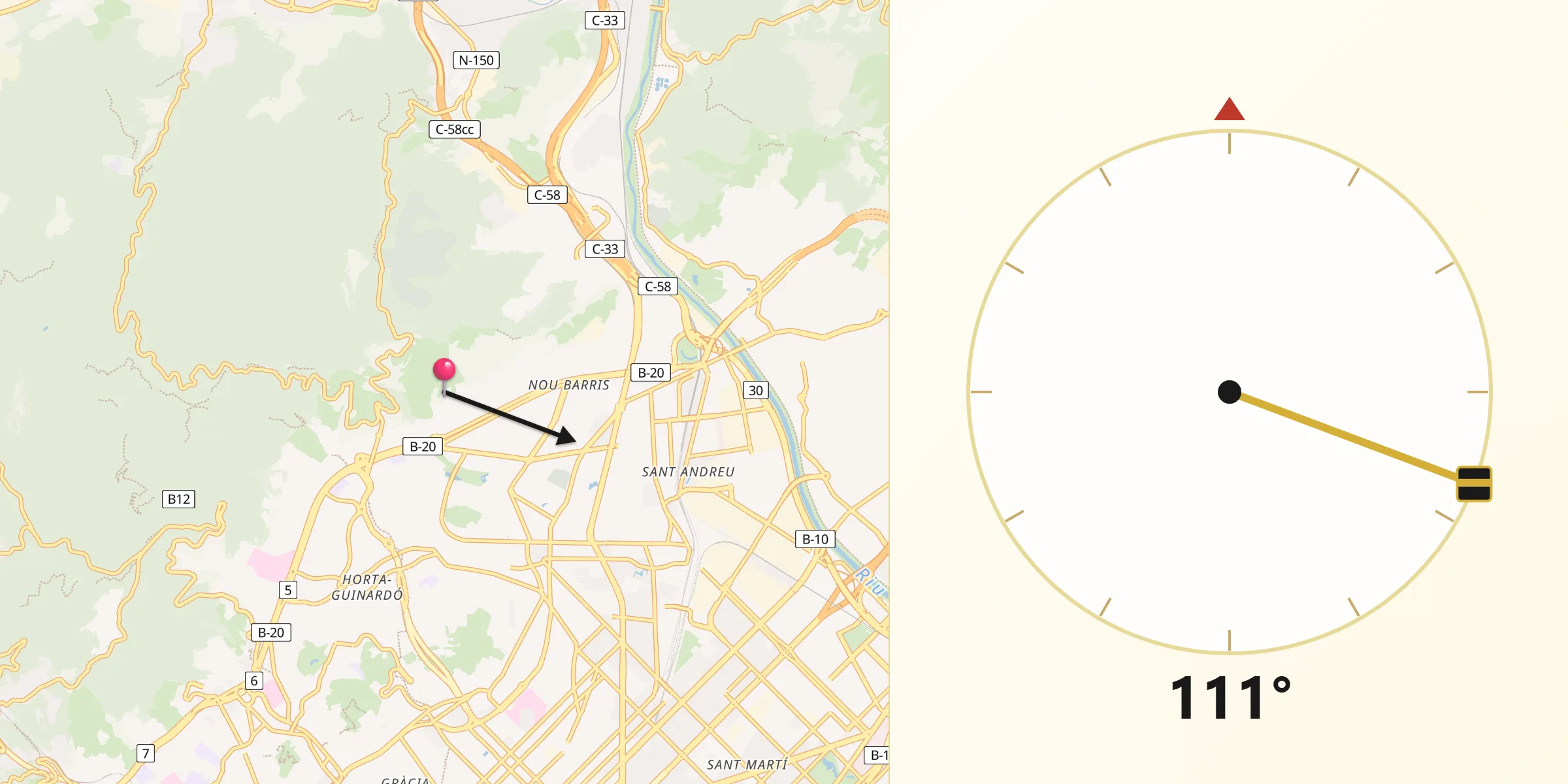 Dirección de la Qibla desde Canyelles