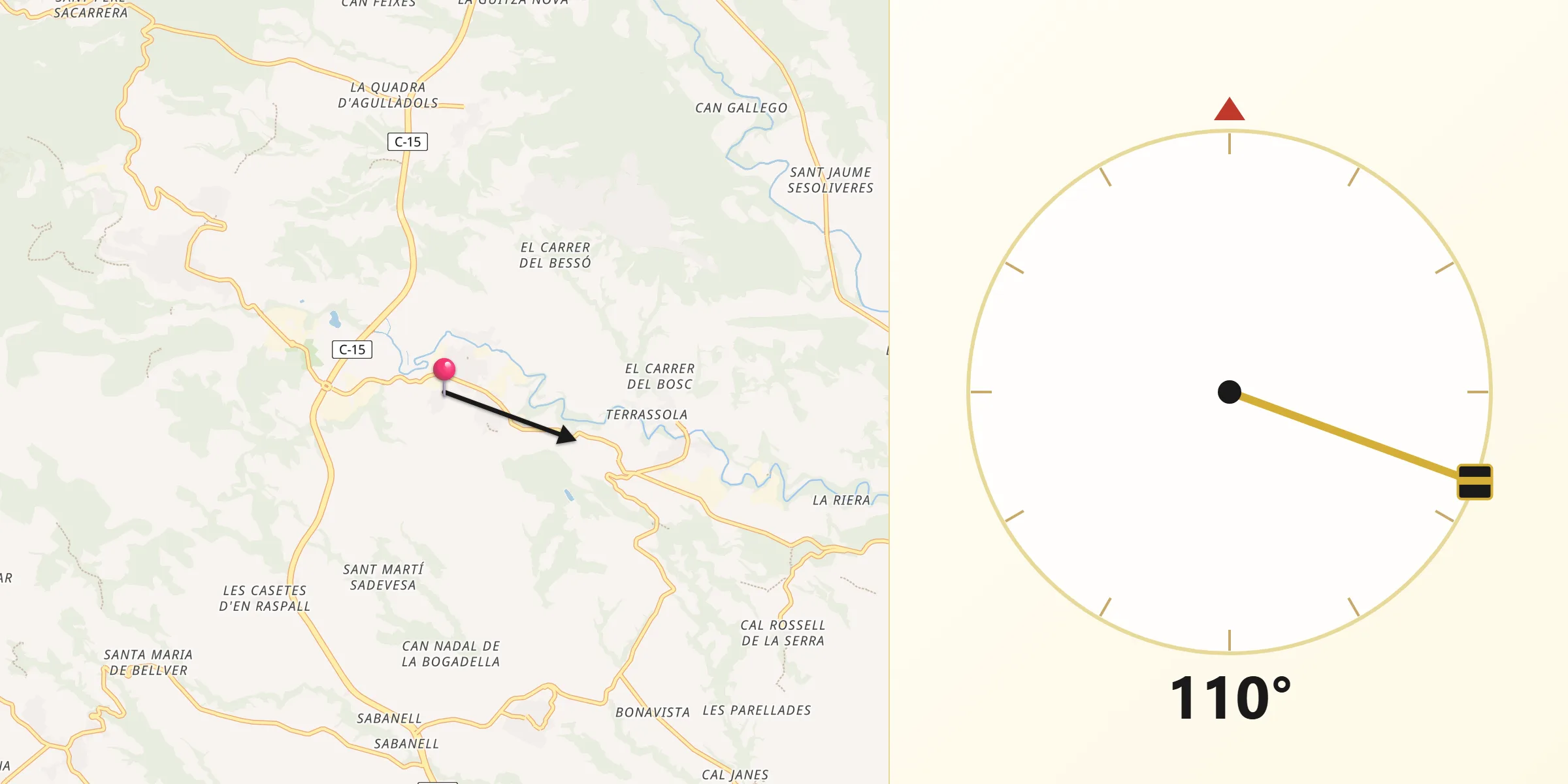 Dirección de la Qibla desde Sant Pere de Riudebitlles