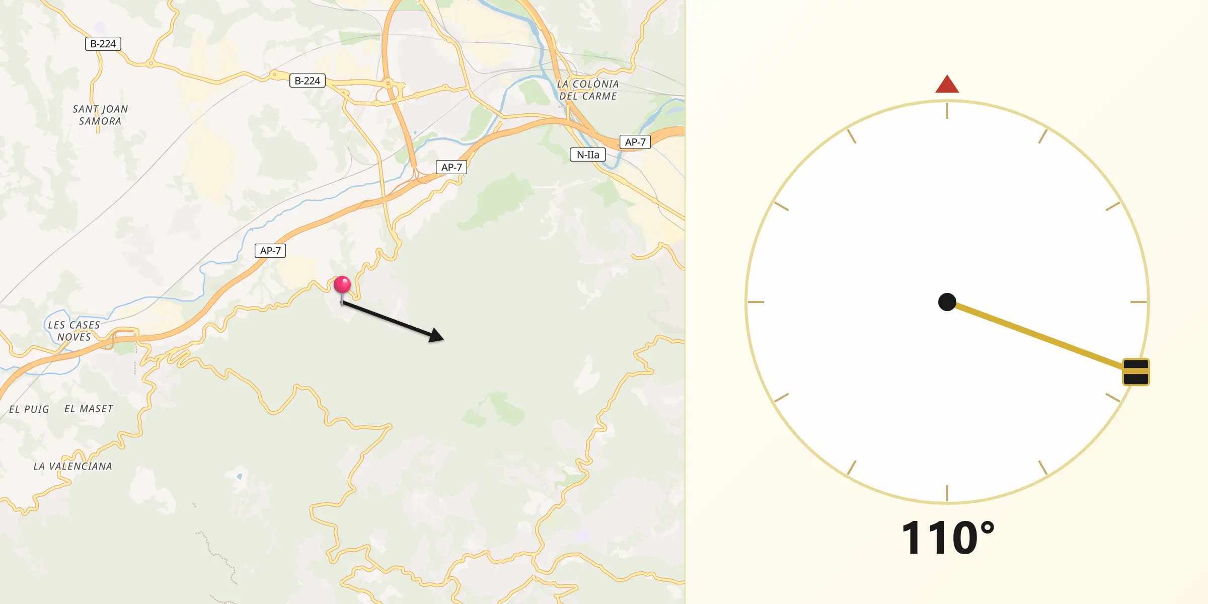 Dirección de la Qibla desde Castellví de Rosanes