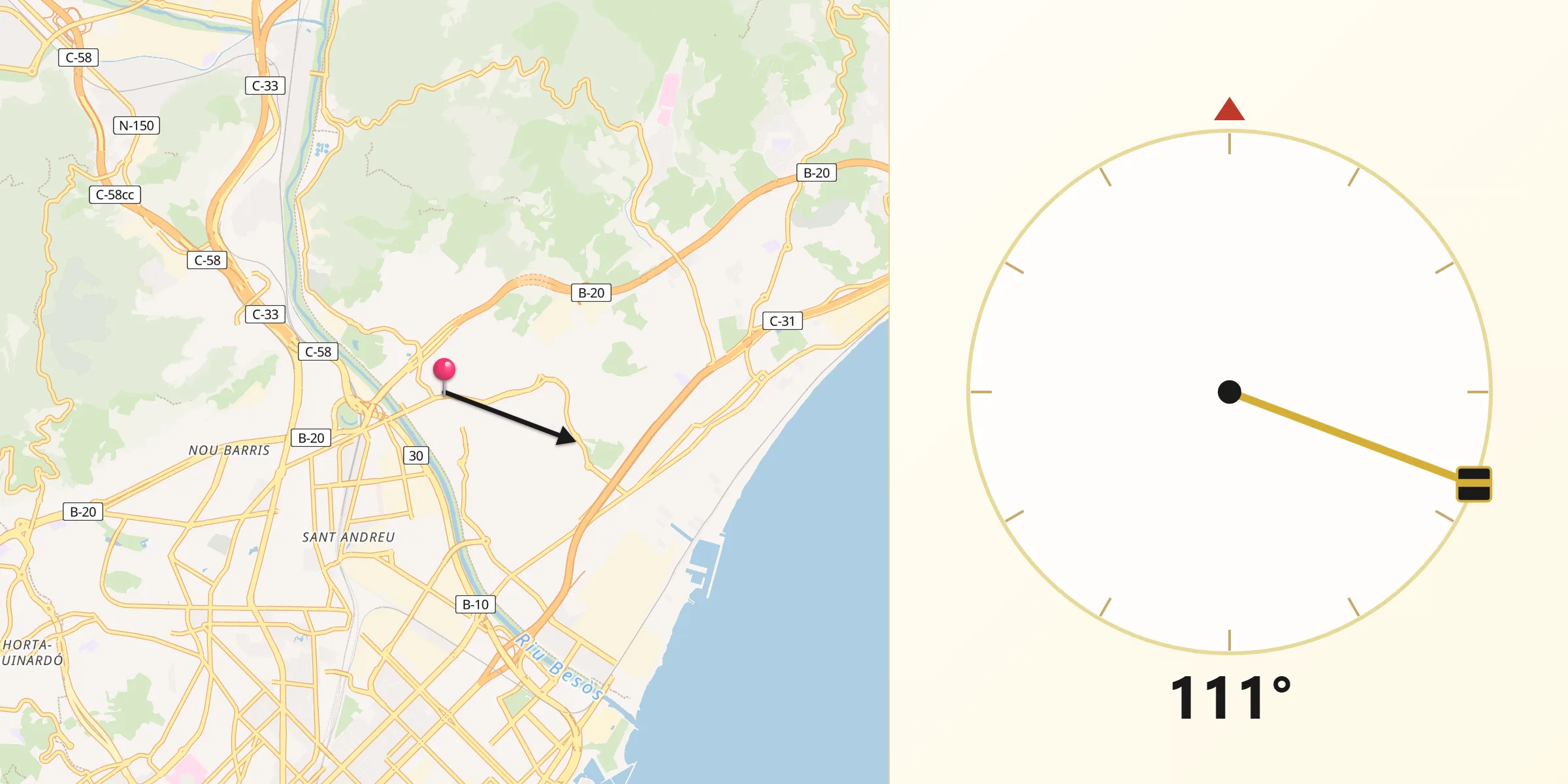 Direzione della Qibla da Santa Coloma de Gramenet