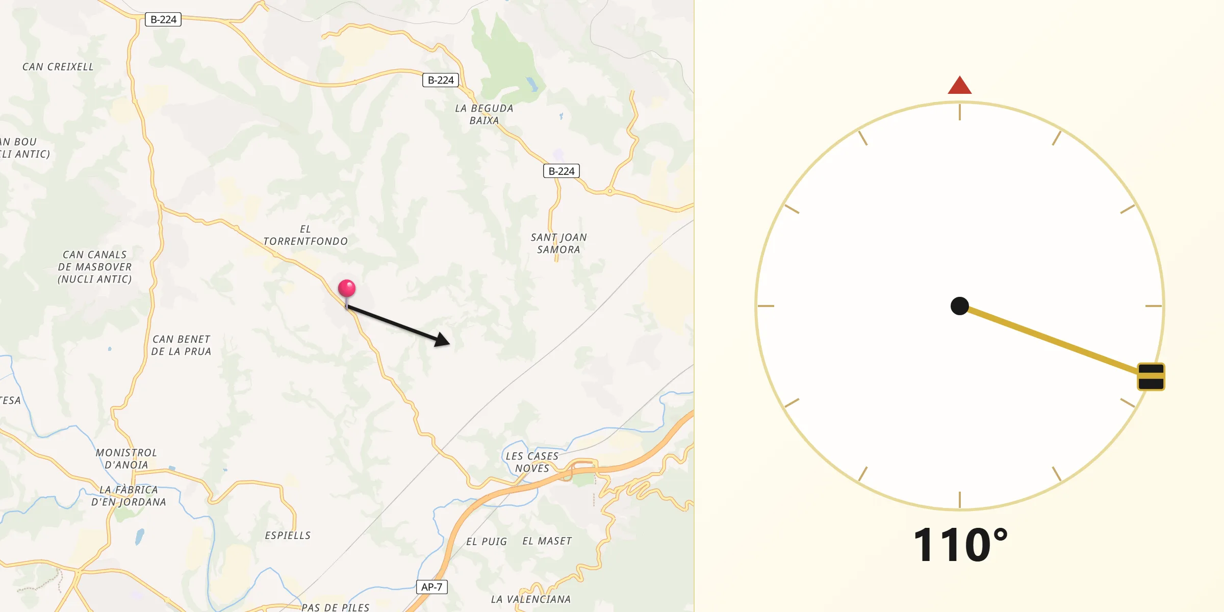 Dirección de la Qibla desde Sant Llorenç d'Hortons