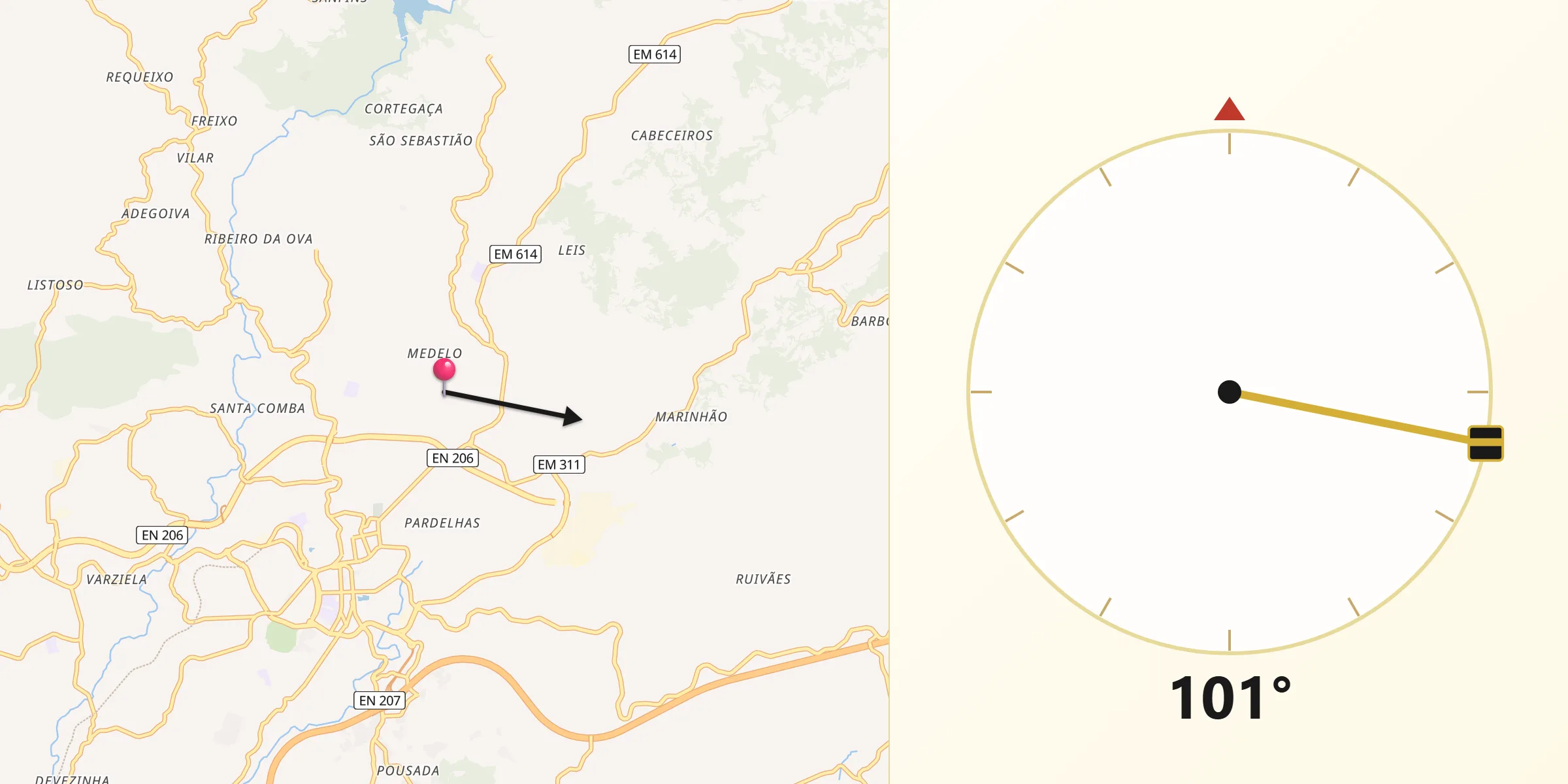Direção da Qibla a partir de Fafe