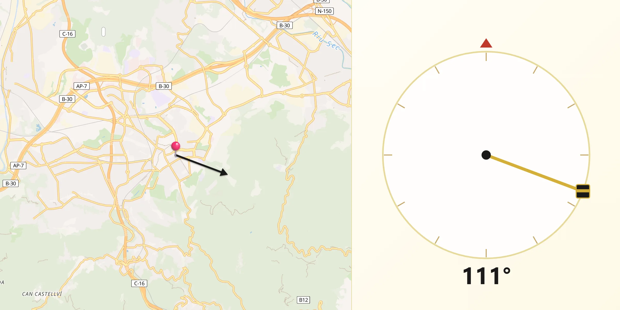 Dirección de la Qibla desde Sant Cugat