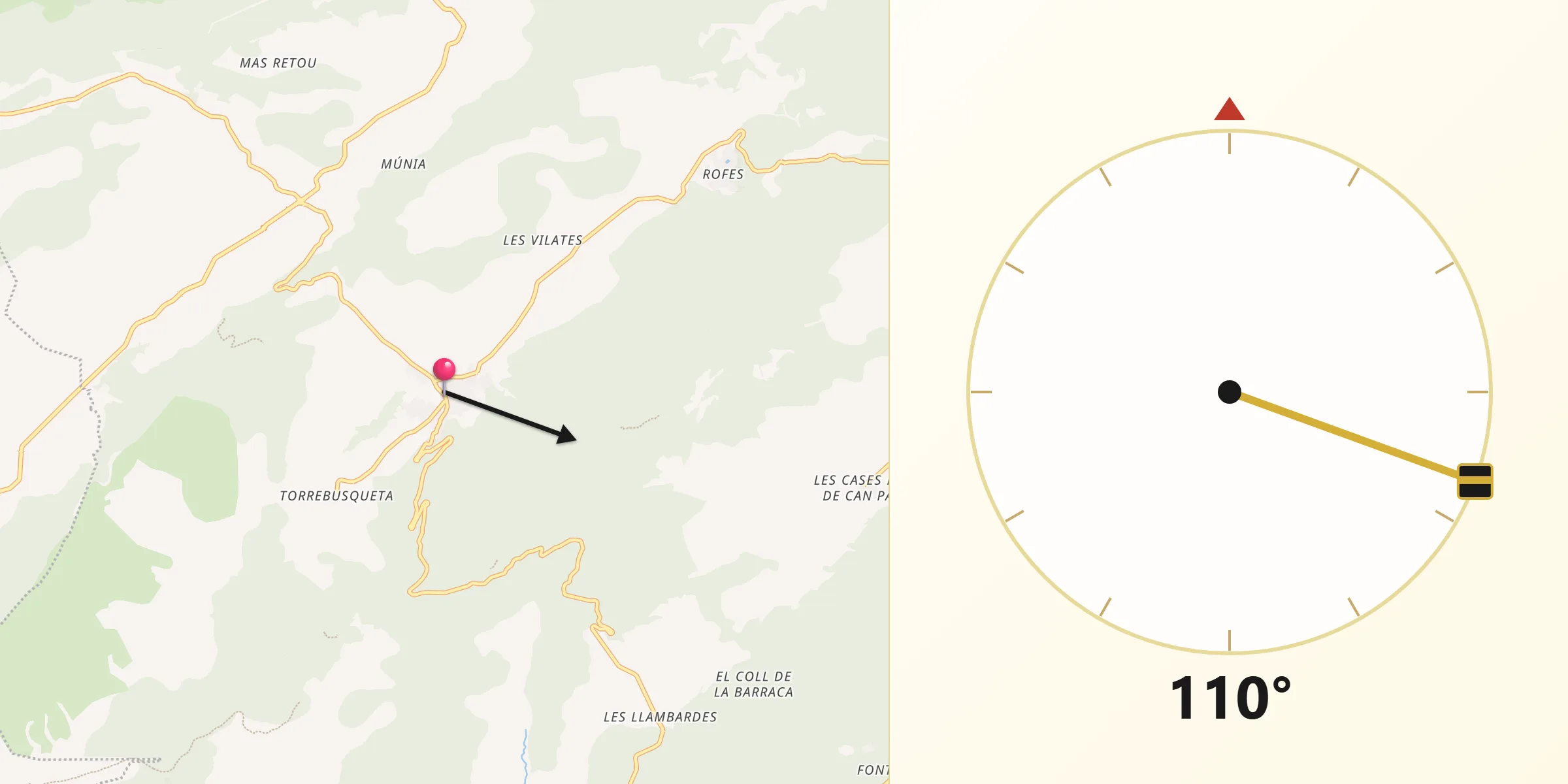 Dirección de la Qibla desde La Llacuna