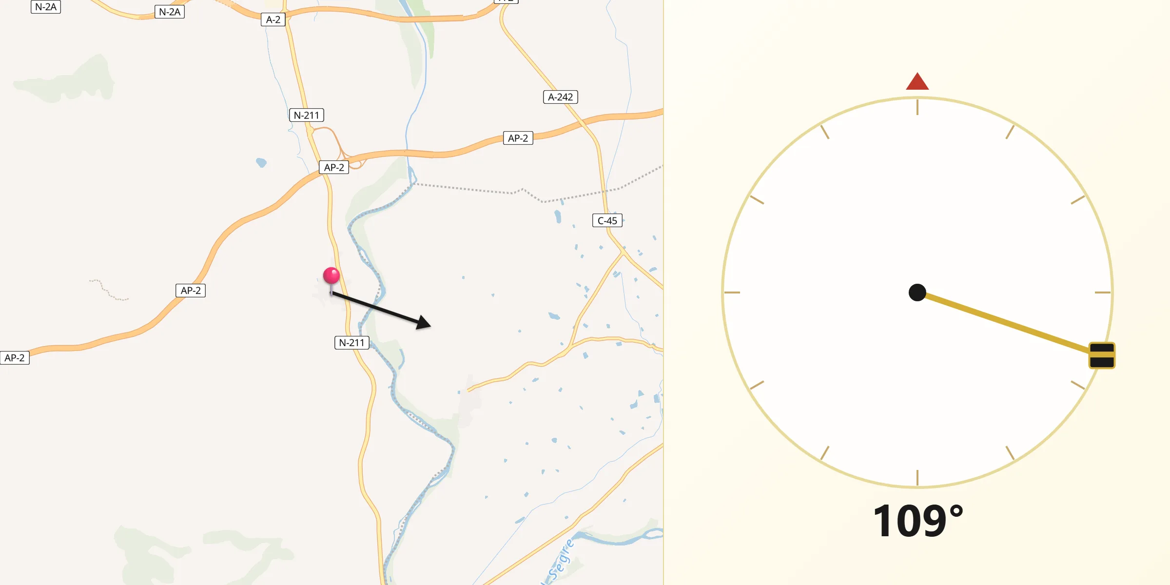 Dirección de la Qibla desde Torrente de Cinca